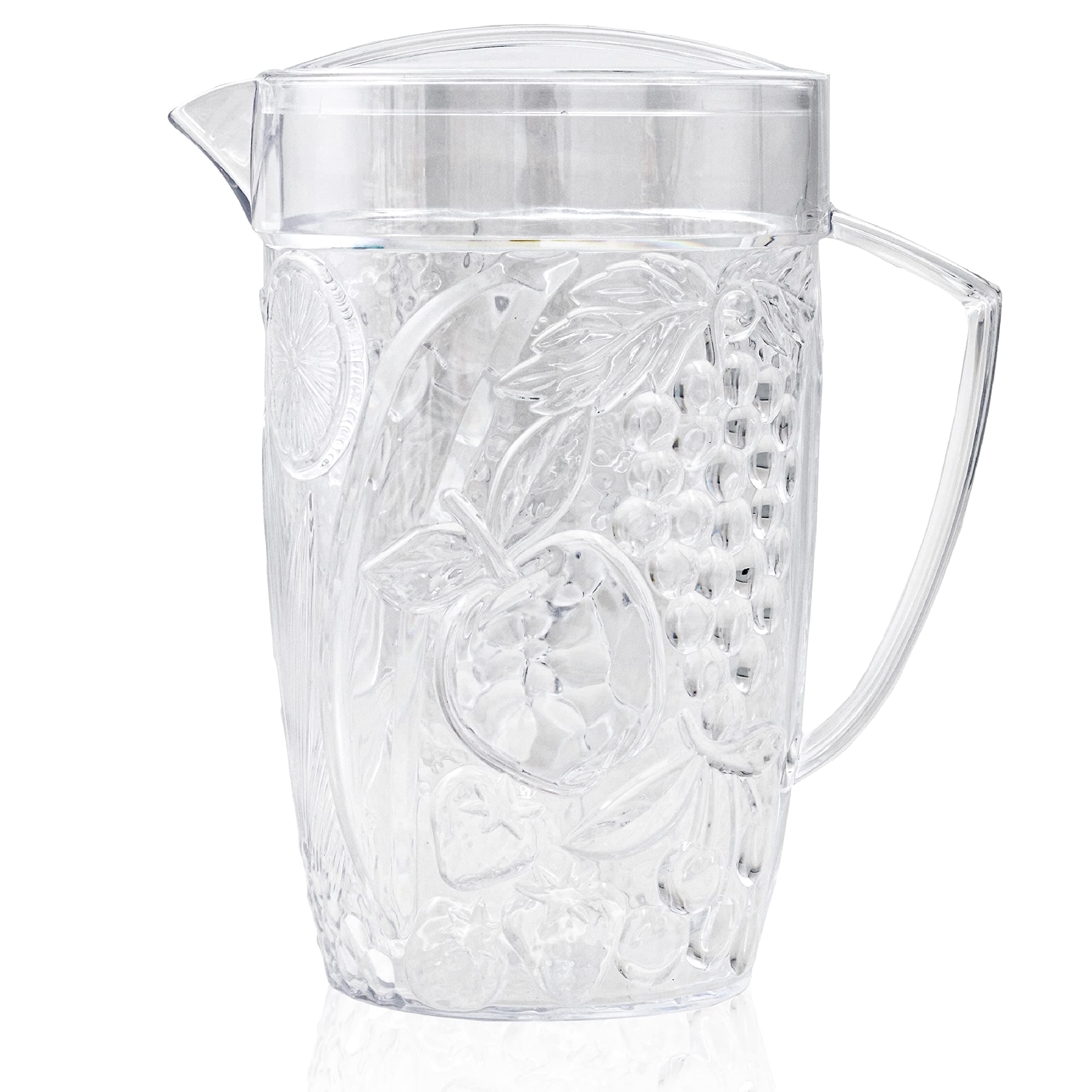 Clear Plastic Beverage Pitcher with Lid, 76 Ounce - Thick-Walled Fruit Design, Made in The USA - Fill with Ice Water, Iced Tea or Juice - BPA Free, Dishwasher Safe
