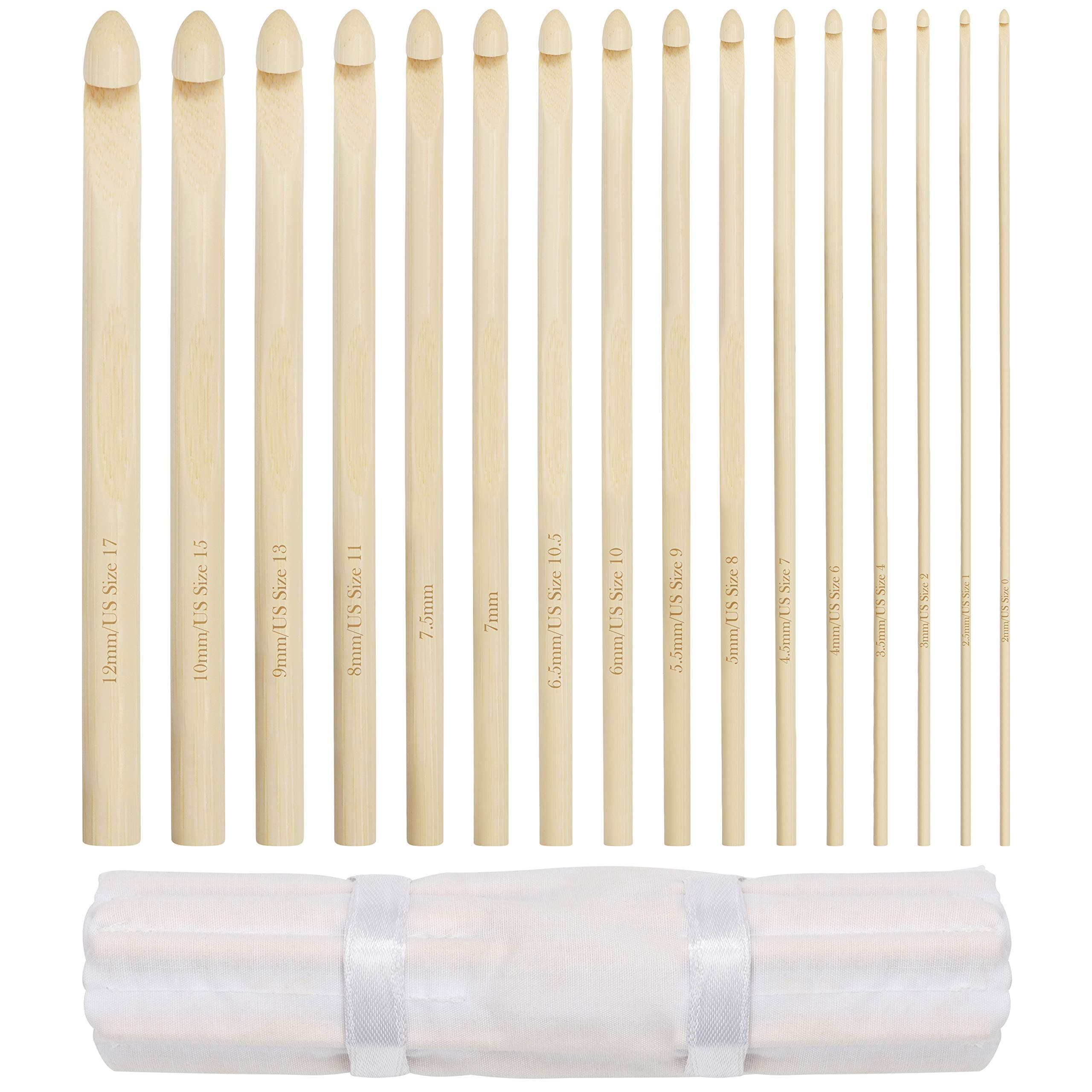 Curtzy Bamboo Crochet Hooks with Cotton Roll Case (16 Sizes) - Hooks Measures 15cm/6 inches - Sizes 2mm to 12mm - Wooden Crochet Hook Set for Crocheting Projects - Beginners to Experts