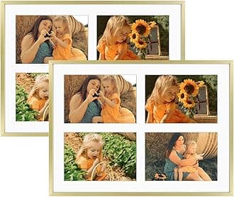 Golden State Art, 5x7 Aluminum Collage Frame, Displays 7x5 Pictures With 4 Openings Mat or One 12x16 Photo, Real Glass, Portrait/Landscape Wall Display, Gold, 2 Pack