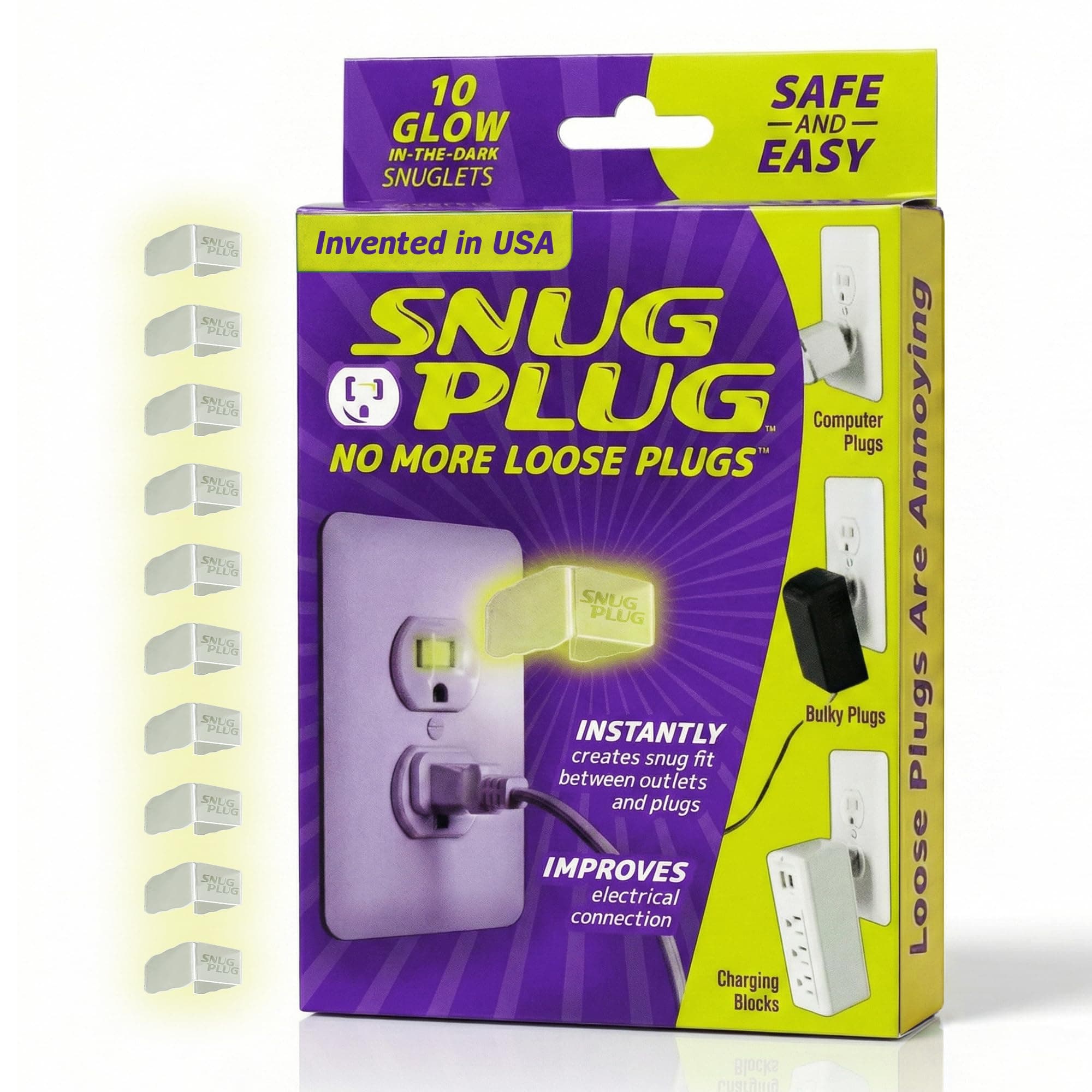 Snug Plug Loose Outlet Plug Fix & Outlet Insert | Prevent Plug from Being Unplugged & Save Money On Electricians – Clear Plastic Plugs for Outlets Keep Loose Plugs Secure – 10-Pack Glow in the Dark