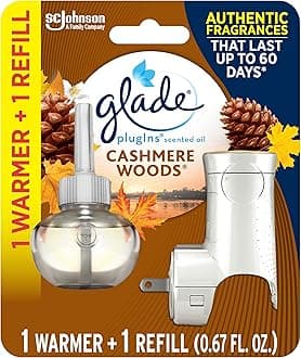 PlugIns Refills Air Freshener Starter Kit, Scented Oil for Home and Bathroom, Cashmere Woods, 0.67 Fl Oz, 1 Warmer + 1 Refill