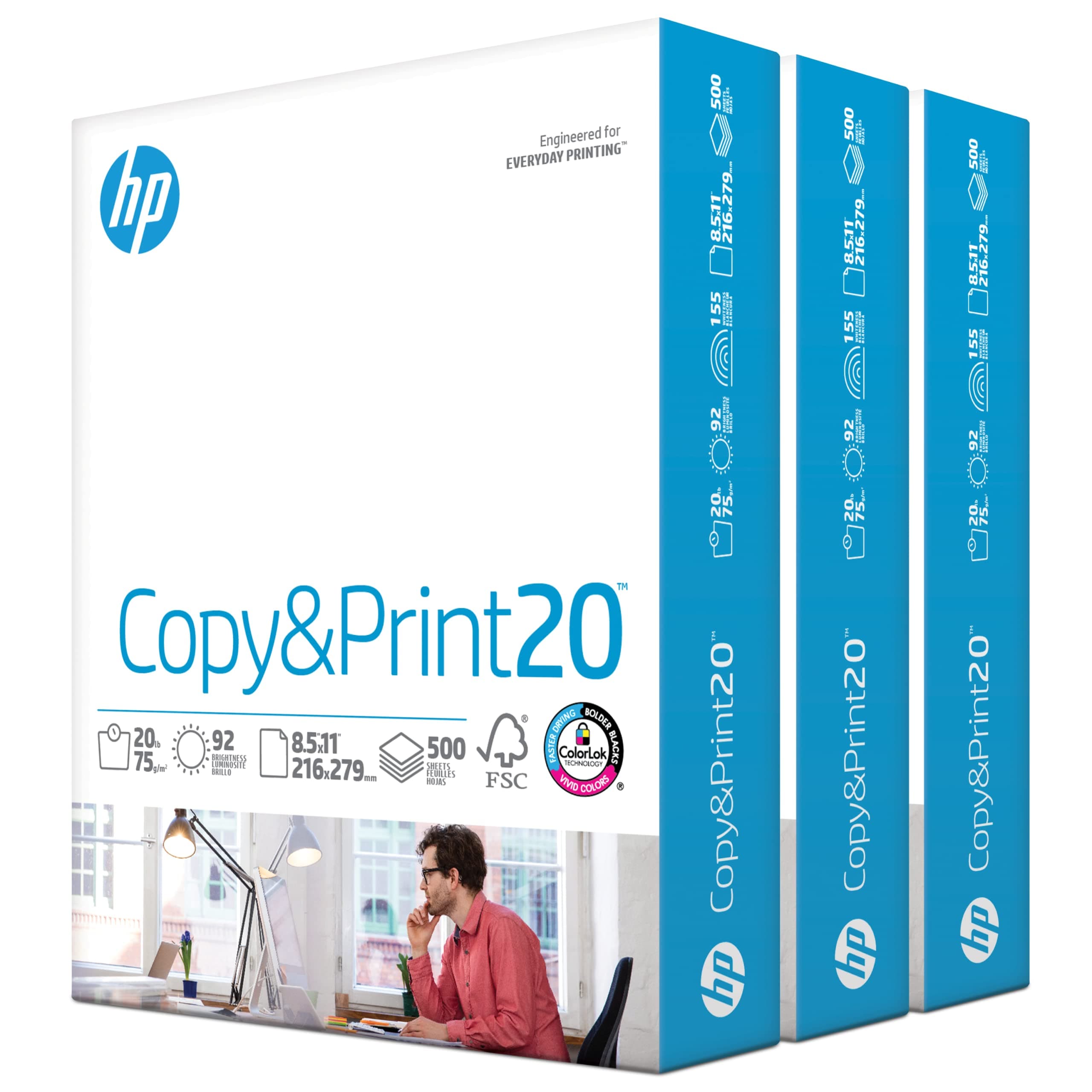 HP Papers | Printer Paper | 8.5 x 11 Paper | Copy &Print 20 lb | Case - 1,500 Sheets | 92 Bright | FSC Certified | 200090C