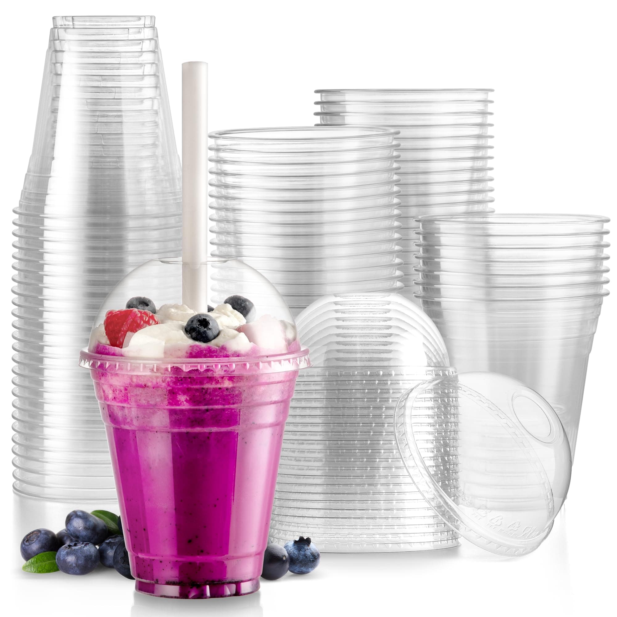 Fit Meal Prep 50 Pack 12 oz Disposable Plastic Coffee Cups with Dome Lids, To Go Iced Coffee Cups with Lids, BPA Free Clear Parfait Cups for Party, Smoothie, Bubble Boba, Juice, Frappuccino, Milkshake