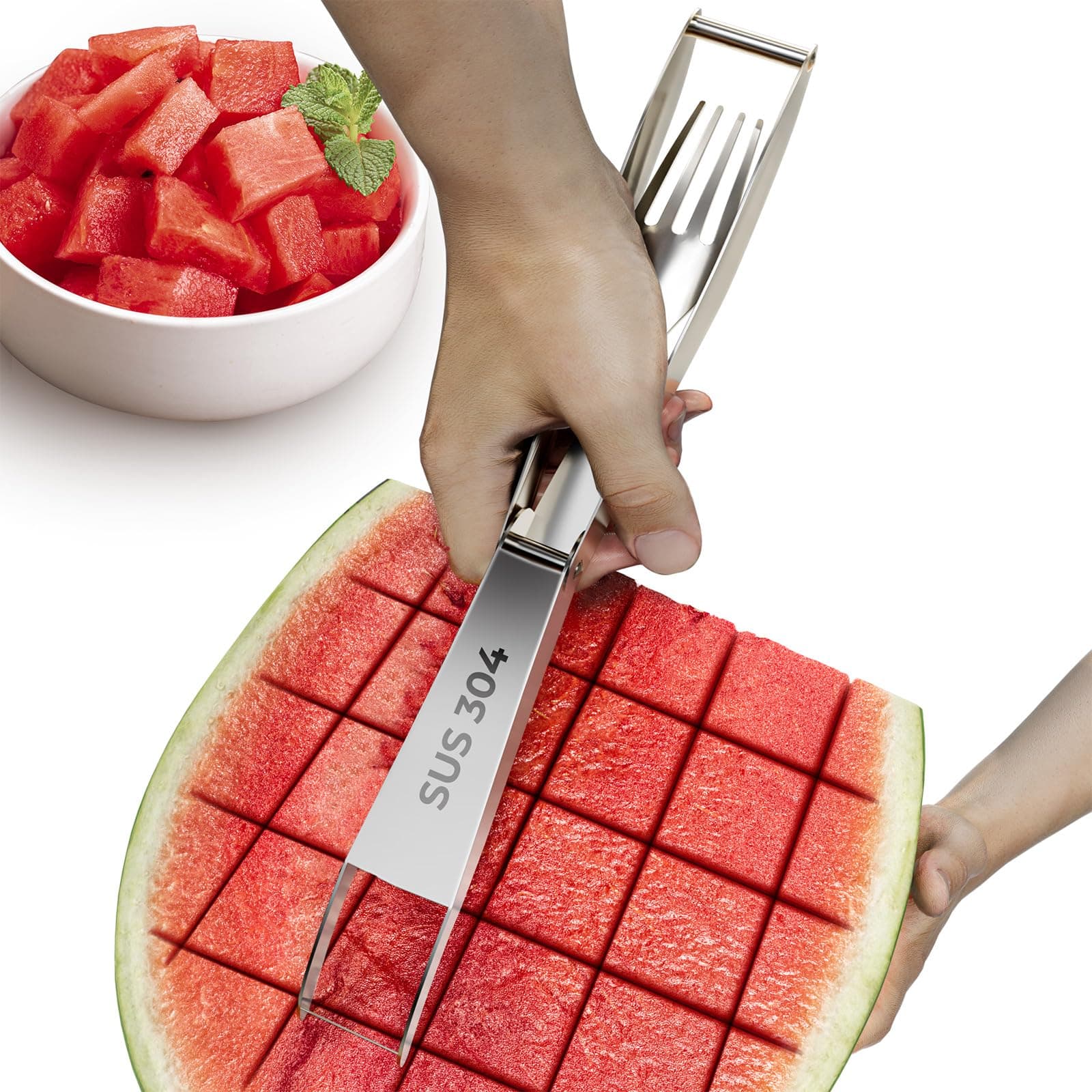 CripsTaste Watermelon Cutter with Retractable Fork, 2-in-1 Stainless Steel Fruit Cutter Watermelon Cutter Slicer Tool, Melon Slicer Cutter Tool for Home Party Camping Kitchen Gadget