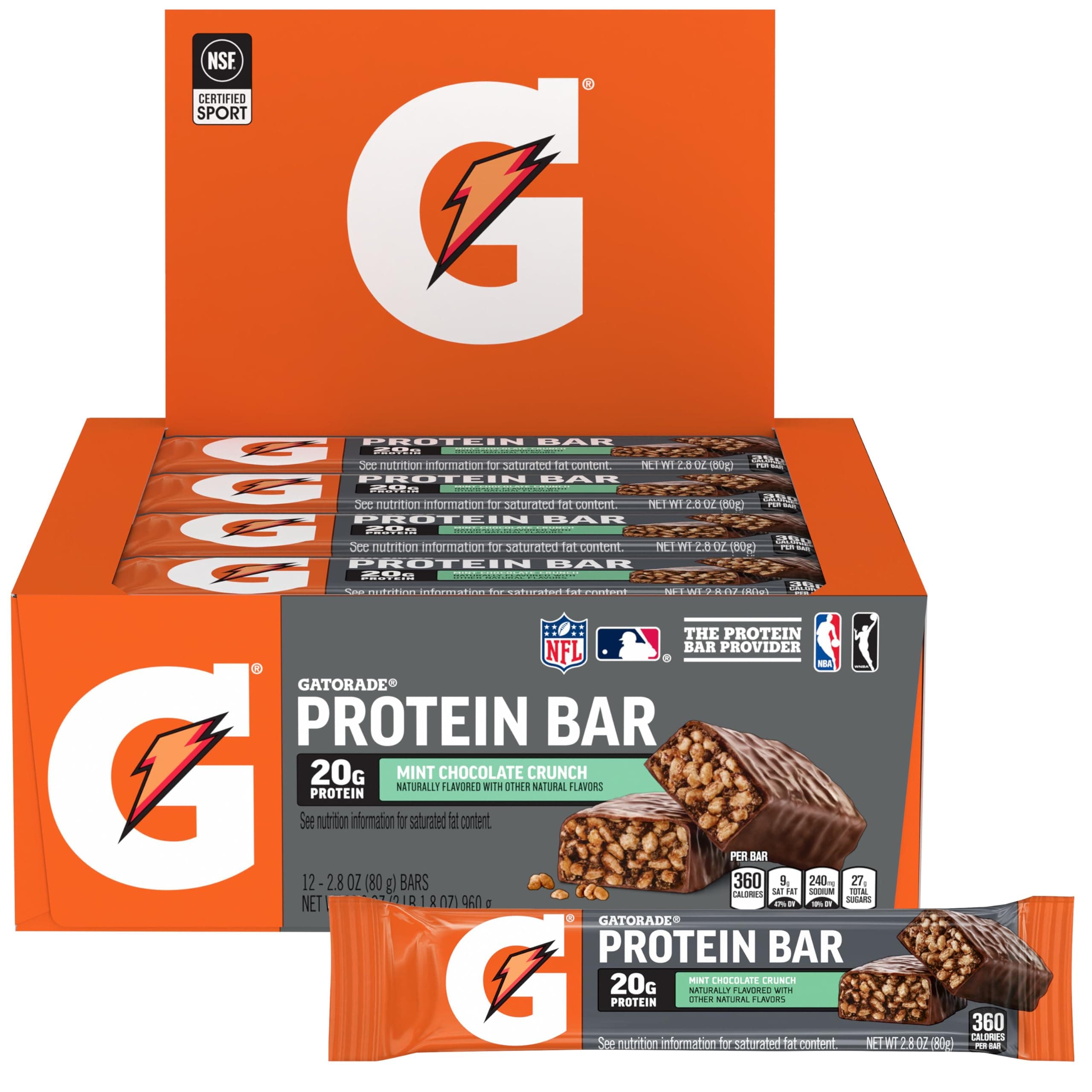 Gatorade Whey Protein Bars, Mint Chocolate Crunch, 2.8 oz bars (Pack of 12, 20g of protein per bar)