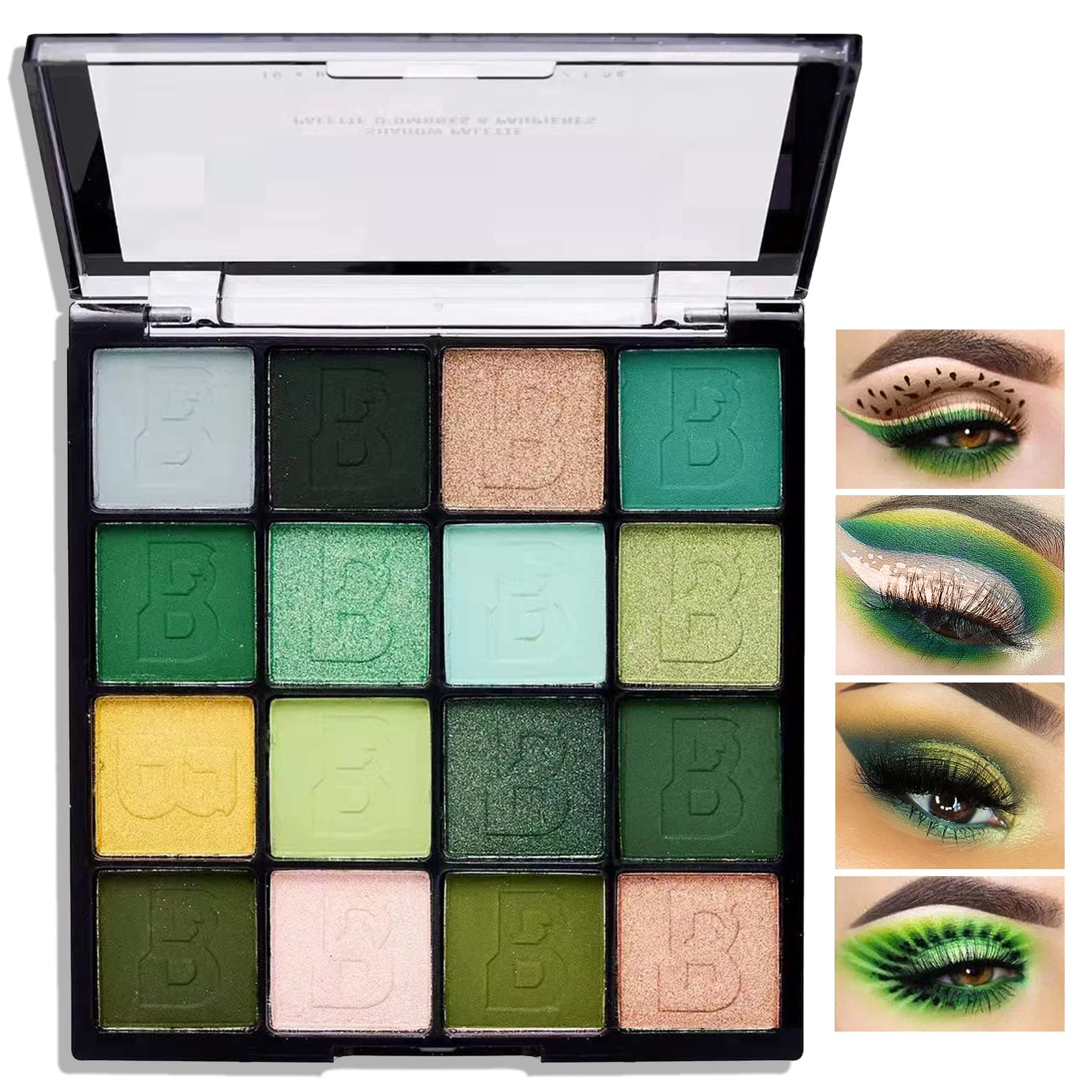 16 Colors Green Shimmer Eyeshadow Palette,Matte Metallic Waterproof Eye Shadow Palette,Highly Pigmented Sparkly Eye Shadow Pallet Shiny Yellow Brown Pressed Eyeshadow Makeup Powder Palette