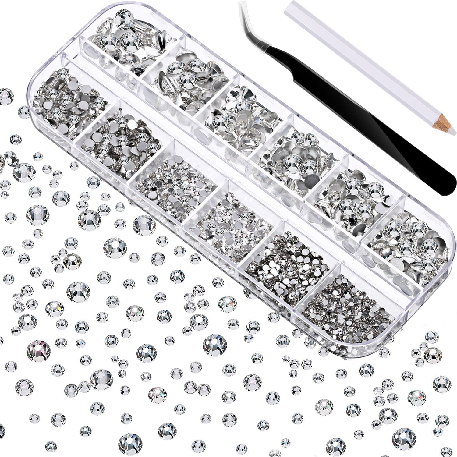 TecUnite 2000pcs Clear Flat Back Gemstone Round Crystal Rhinestones 6 Sizes (1.5-6mm) with Pick Up Tweezers and Rhinestone Picking Pen for Craft Nail Face Art Clothes Shoes Bag DIY