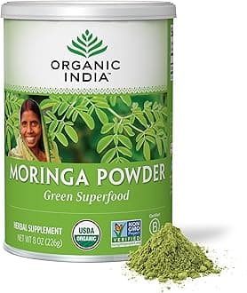 Organic India Moringa Herbal Supplement Powder - Green Superfood, Nutrient Dense, Pure Plant Protein, Vitamin A, E, K, Iron, Calcium, Fiber, Vegan, Gluten-Free, USDA Certified Organic - 8 oz Canister