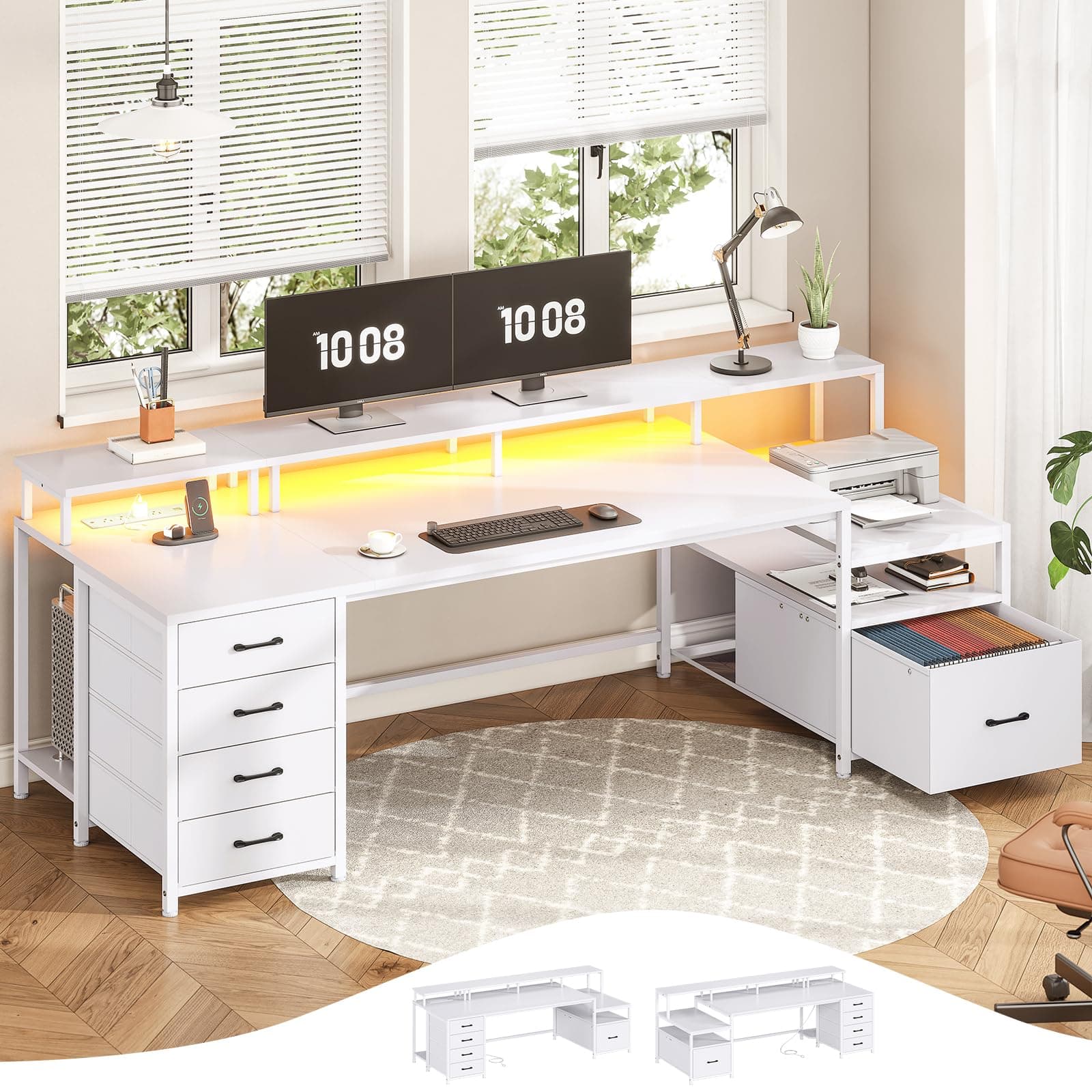 SEDETA White Computer Desk with 5 Drawer & Power Outlet, 75'' Home Office Desk with File Drawer, Storage Shelves, Printer Cabinet and Monitor Shelf, Gaming Desk with Led Lights, 23.6" W Desktop