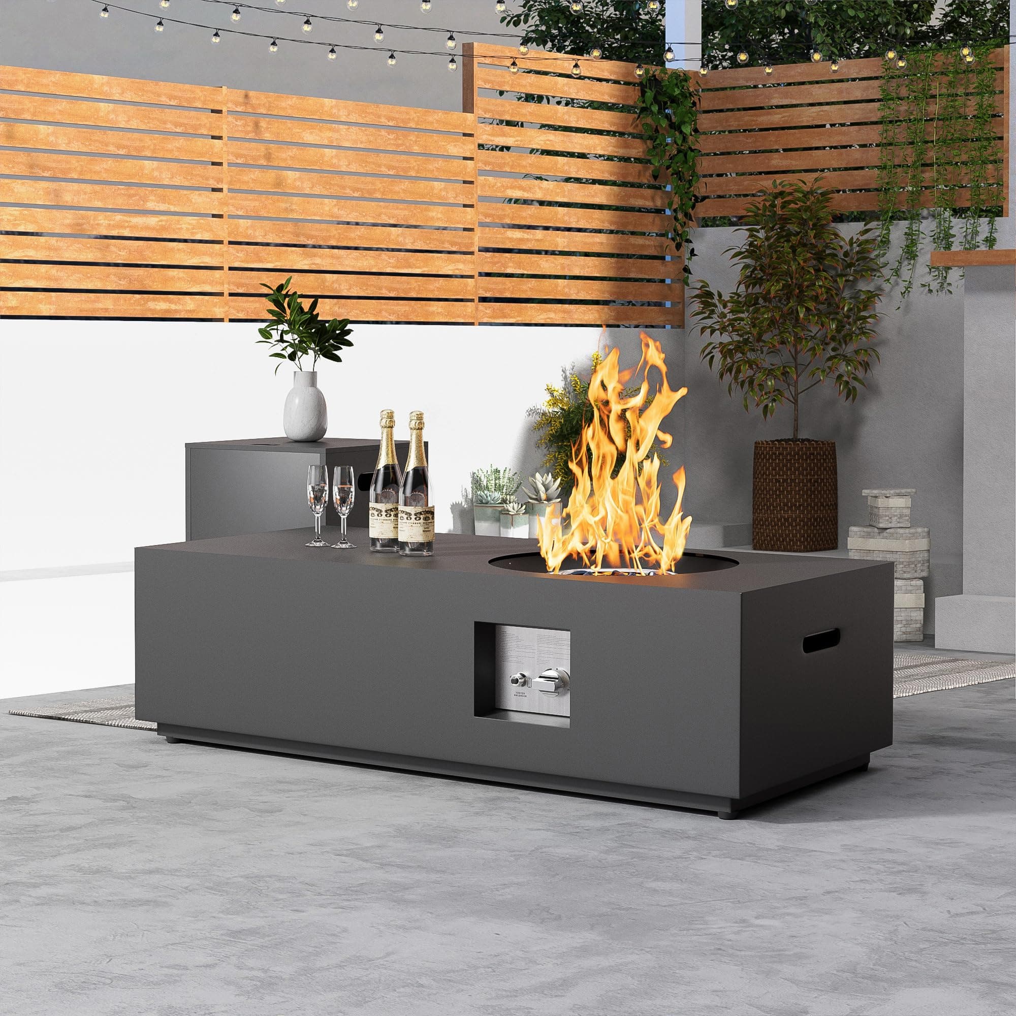 SUNPEAK 48" Rectangular Propane Firepit with Round Burner – 50,000 BTU Fire Pit Table with Lid, Rocks, Cover and Tank Storage – Outdoor Modern Fireplace for Deck or Patio (Black, 48" Standard)