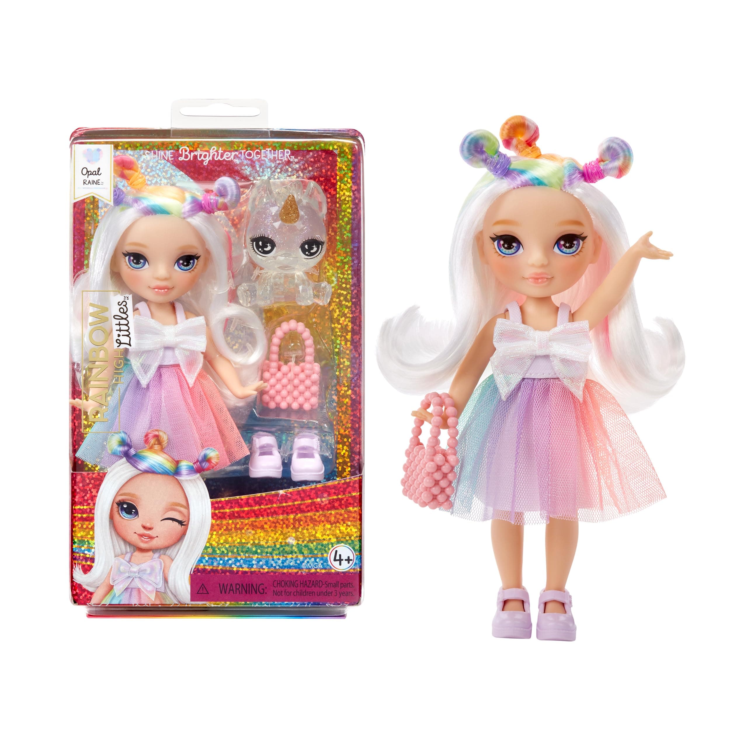 Littles – Opal Raine, Rainbow 5.5" Posable Small Doll with Purse, Magical Pet Unicorn, Girls Toy Gift, Kids Ages 4-12 Years