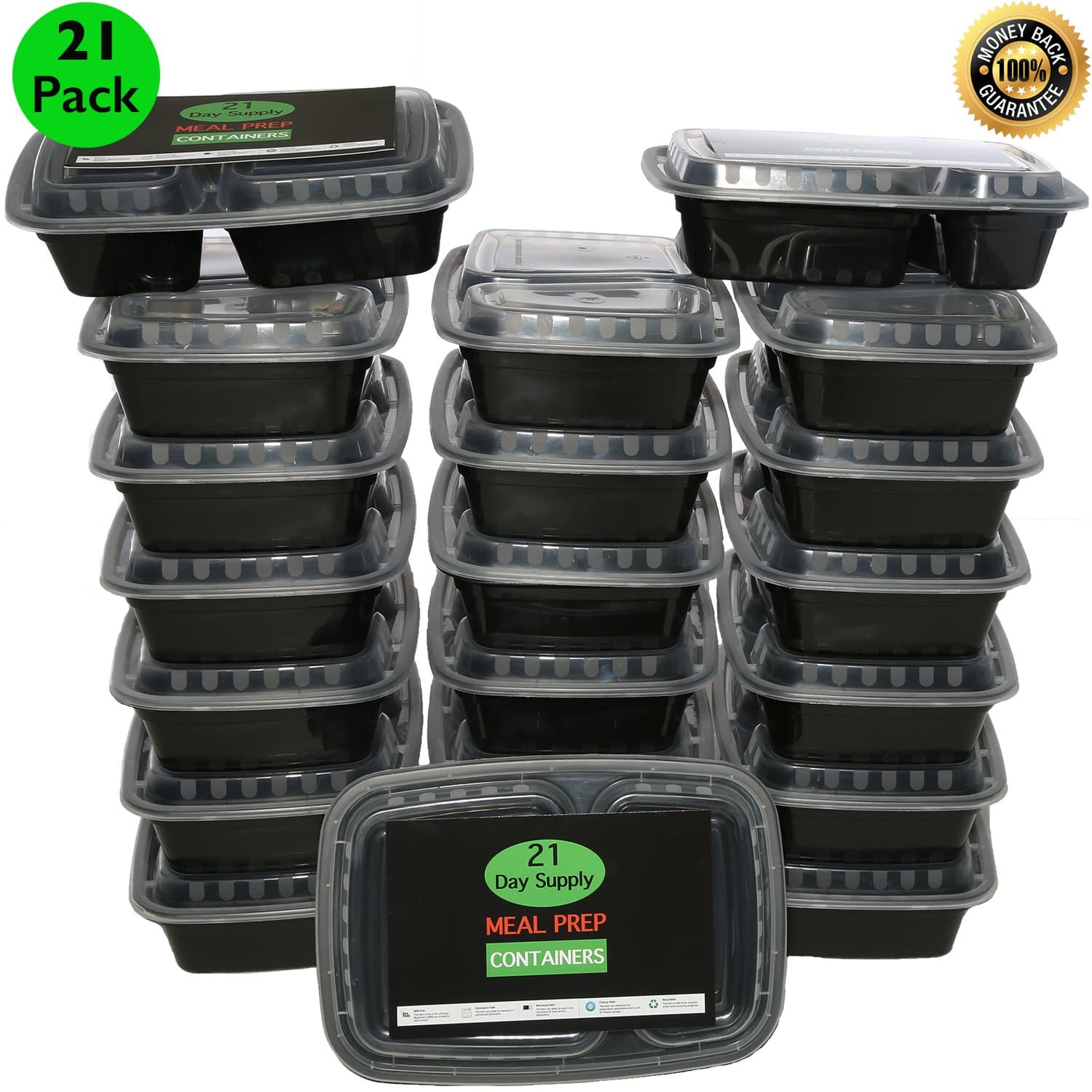 21 PACK - Meal Prep Containers 2 Compartment 24 OZ Portion Control Containers Microwavable, Certified BPA Free, Durable, Stackable,