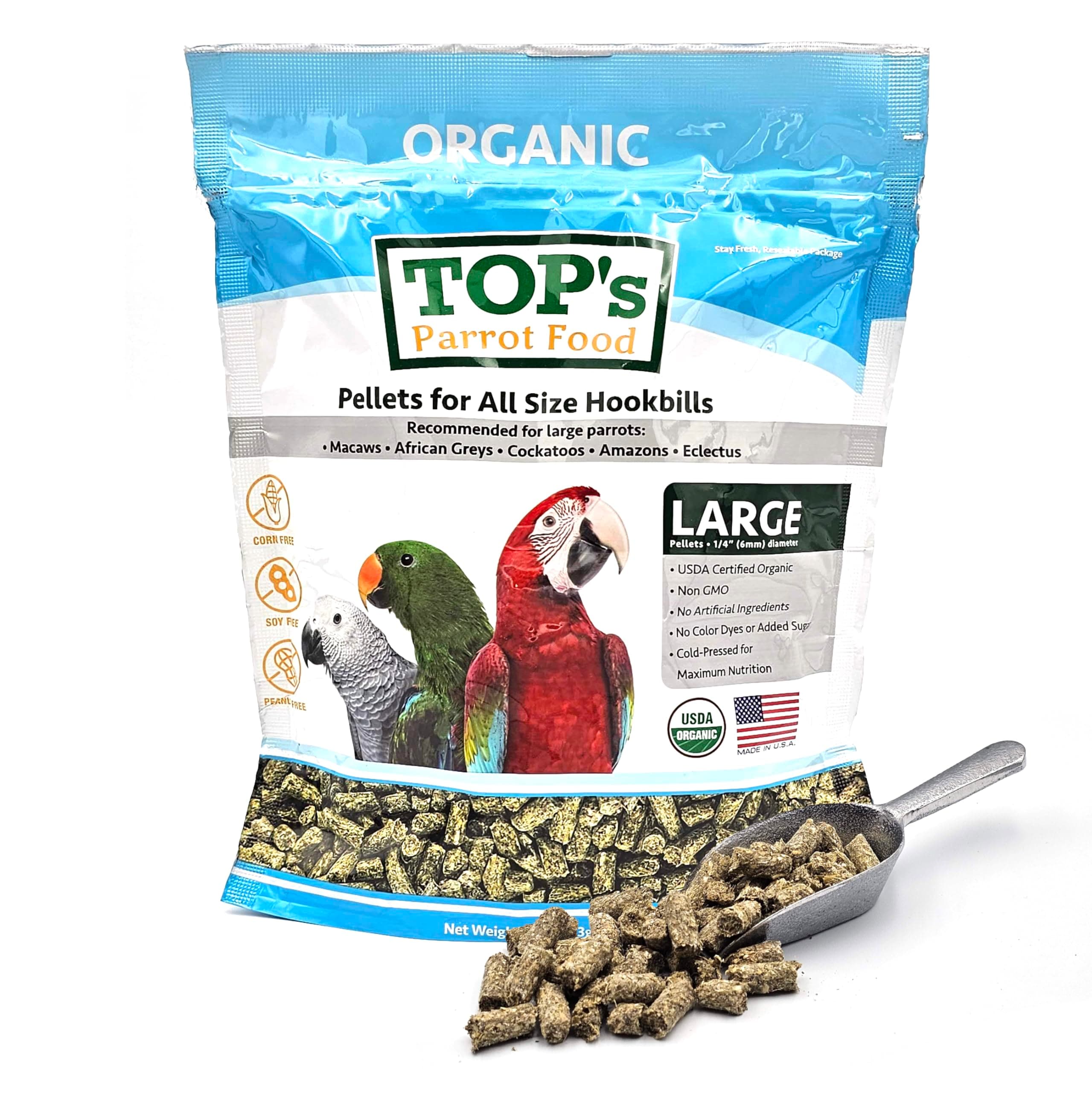 TOP's Parrot Food Pellets Hookbills, Small, Medium, Large Birds - Non-GMO, Peanut Soy & Corn Free, USDA Organic Certified - 1 lb / 453 g