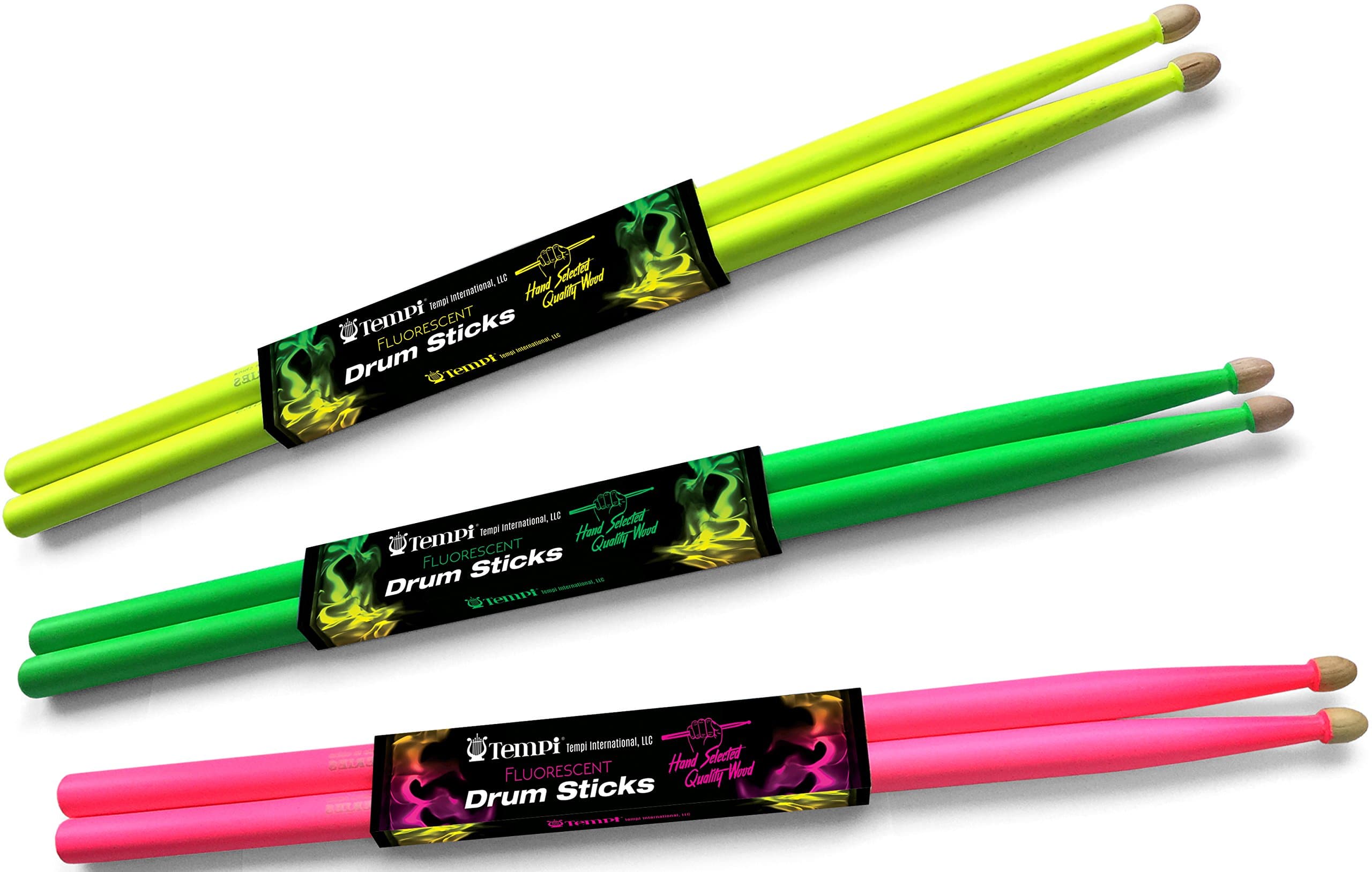 Tempi Fluorescent Drum Sticks for Drummers American Hickory Size: 5A | 1 PAIR (Neon Green)