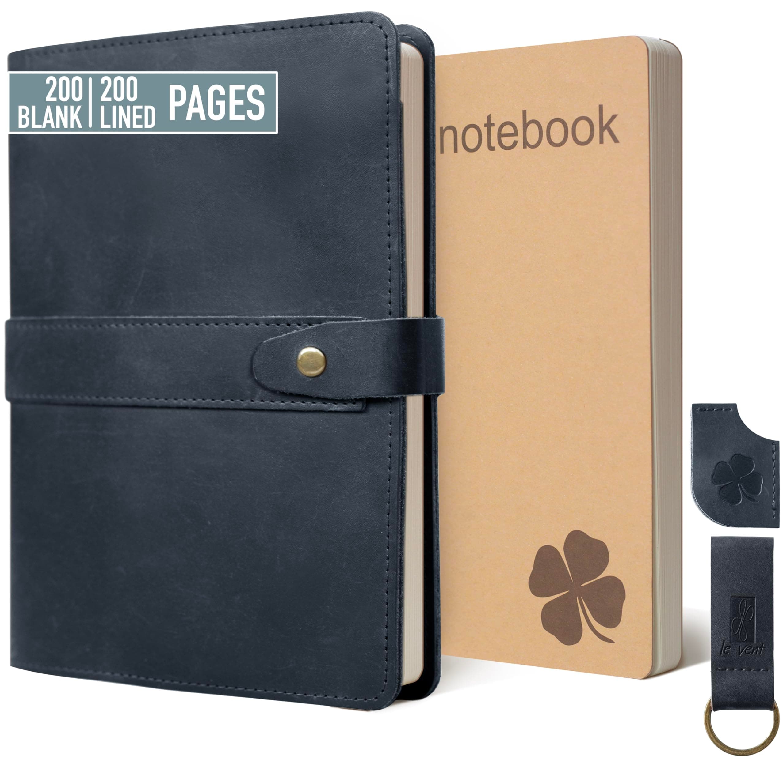 le vent Refillable A5 Genuine Leather Journal Notebook Cover with 2 Inserts, 200+200 Pages Lined + Blank, 5x8 Notebook for Work, Drawing, Sketchbook, Vintage Journal For Men and Women, Black
