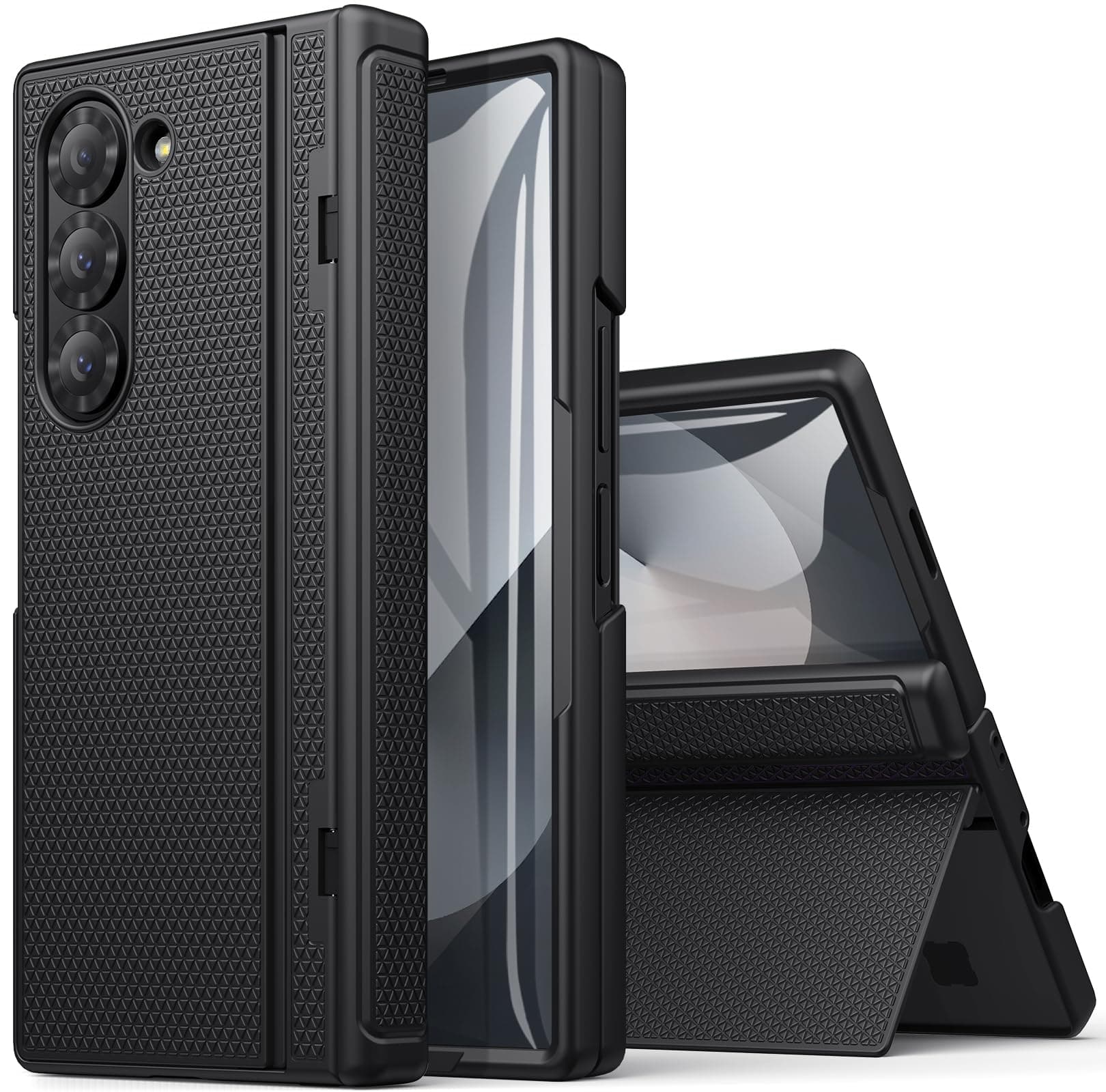 for Samsung Galaxy Z Fold 6 Case with Kickstand & Front Screen Protector & Hinge Protection, Slim Fit Rugged Hard 360° Full Body Cover Protective Phone Case for Samsung Z Fold 6 5g 2024, Black