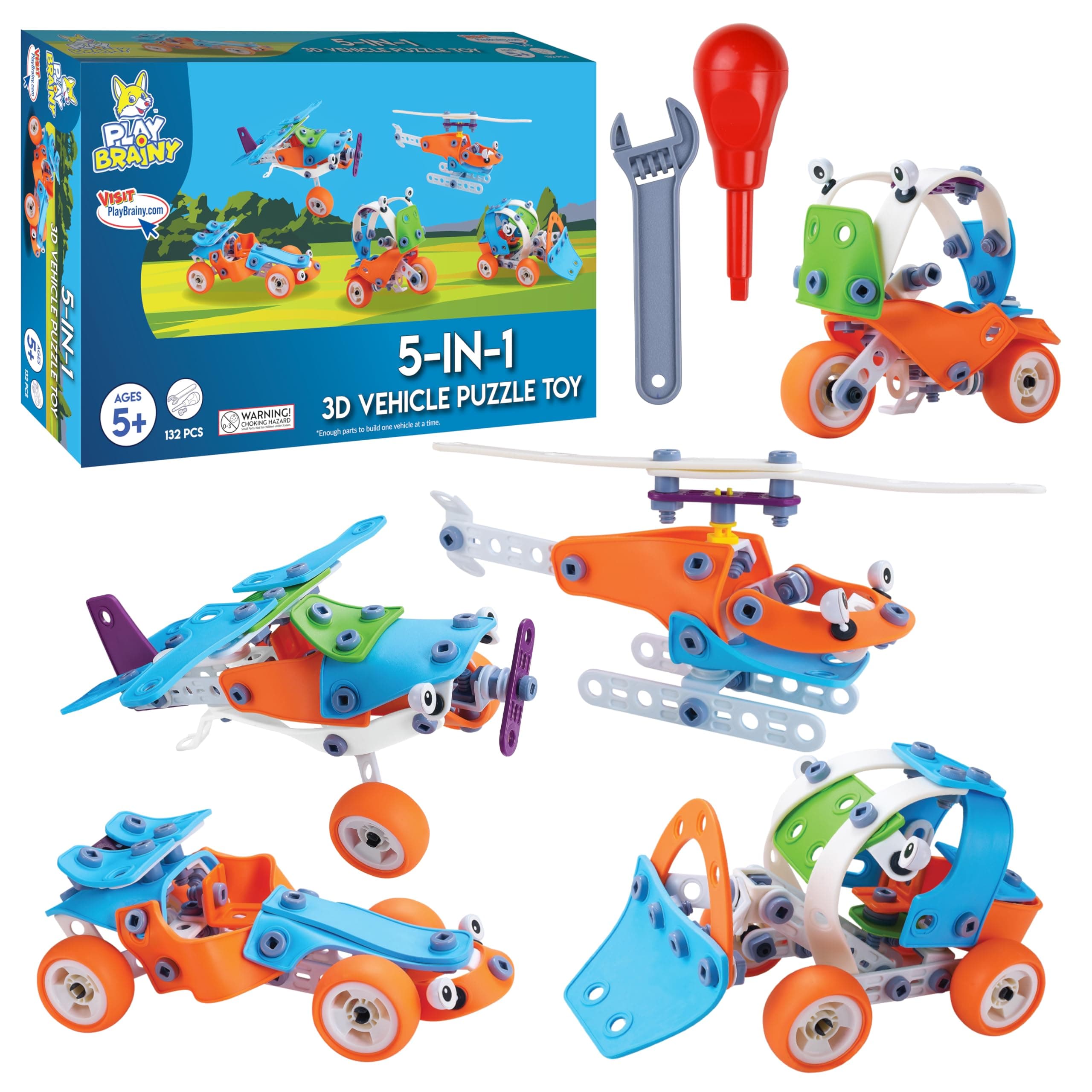 Play Brainy Erector Set Set for Kids, 132pc 3D Vehicle Puzzle Toy - Includes Helicopter, Plane, Tractor, Car, and Motorcycle, A 5-in-1 Stem Building Kit for Boys and Girls Ages 5-12