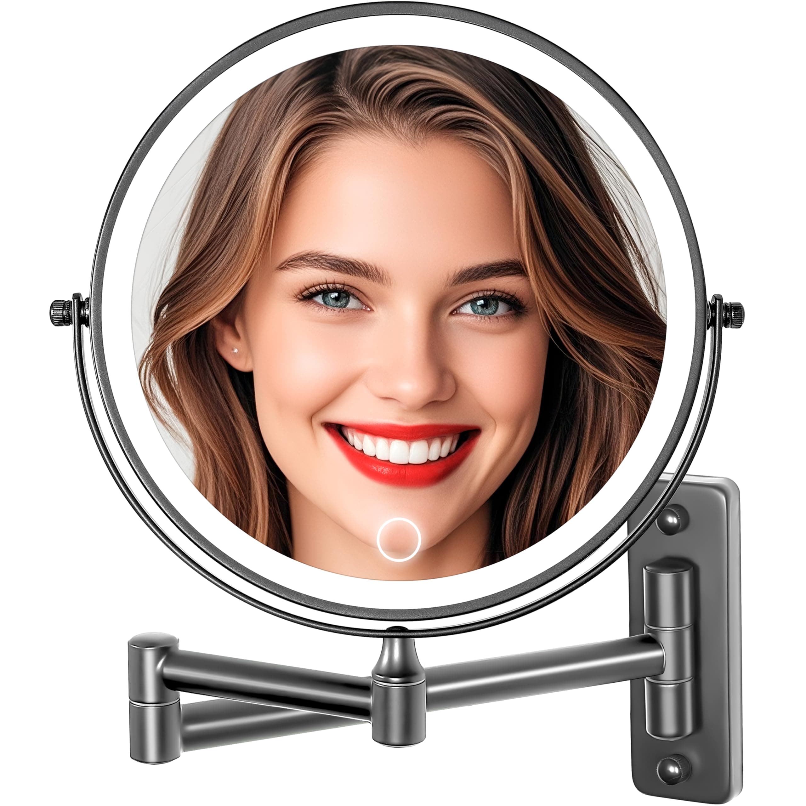 Rechargeable Wall Mounted Lighted Makeup Vanity Mirror, 8 inch 1X/10X Magnifying Mirror with 3 Color Lights, 17 Inch Extendable Bathroom Mirror Nickel, Dimmable 360Ã‚° Swivel Shaving Light up Mirror