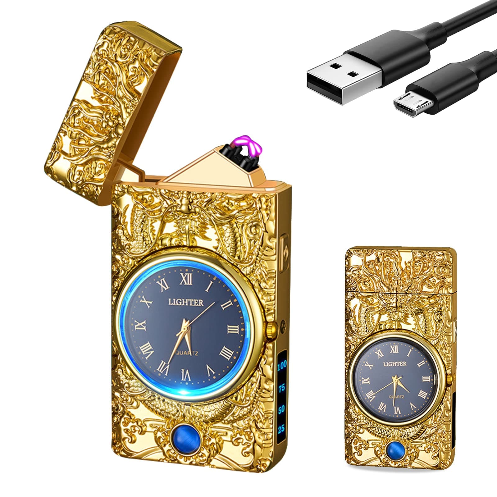 YOZWOO Plasma Lighter, USB Rechargeable, Electronic Lighter with Clock, Stylish, Eagle Totem, Dual Arc Lighter with LED Lighting, Flameless Windproof Electric Lighter, Gold