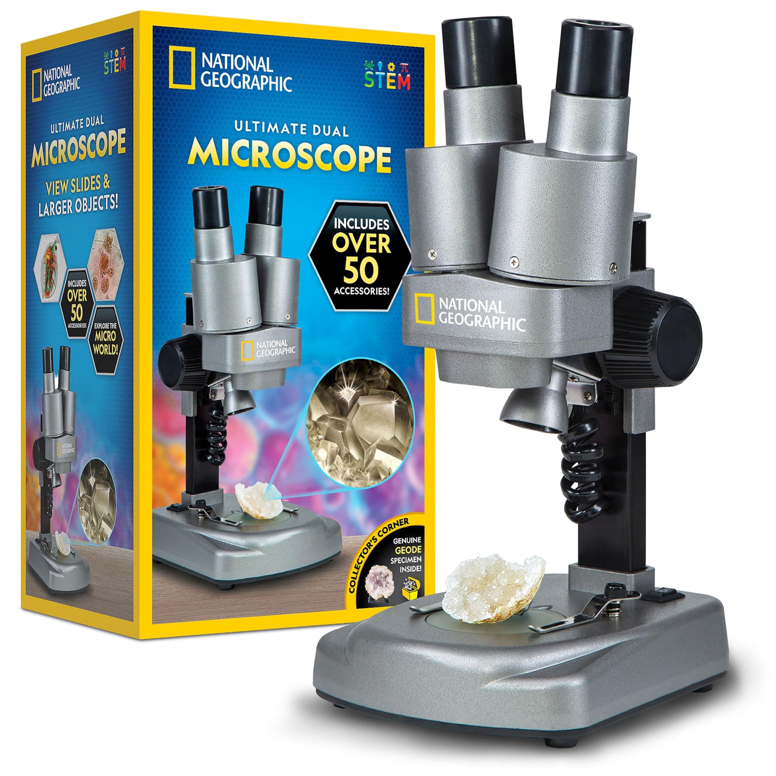 National Geographic Dual LED Student Microscope - 50+ pc Science Kit Includes Set of 10 Prepared Biological & 10 Blank Slides, Lab Shrimp Experiment, 10x-25x Optical Glass Lenses and More! (Silver)