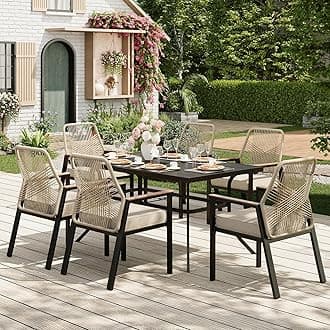 7 Pieces Outdoor Dining Set for 6, Patio Dining Set Wicker Rattan Chairs with Soft Cushion and Metal Rectangular Table, Wicker Patio Table and Chairs for Backyard Porch