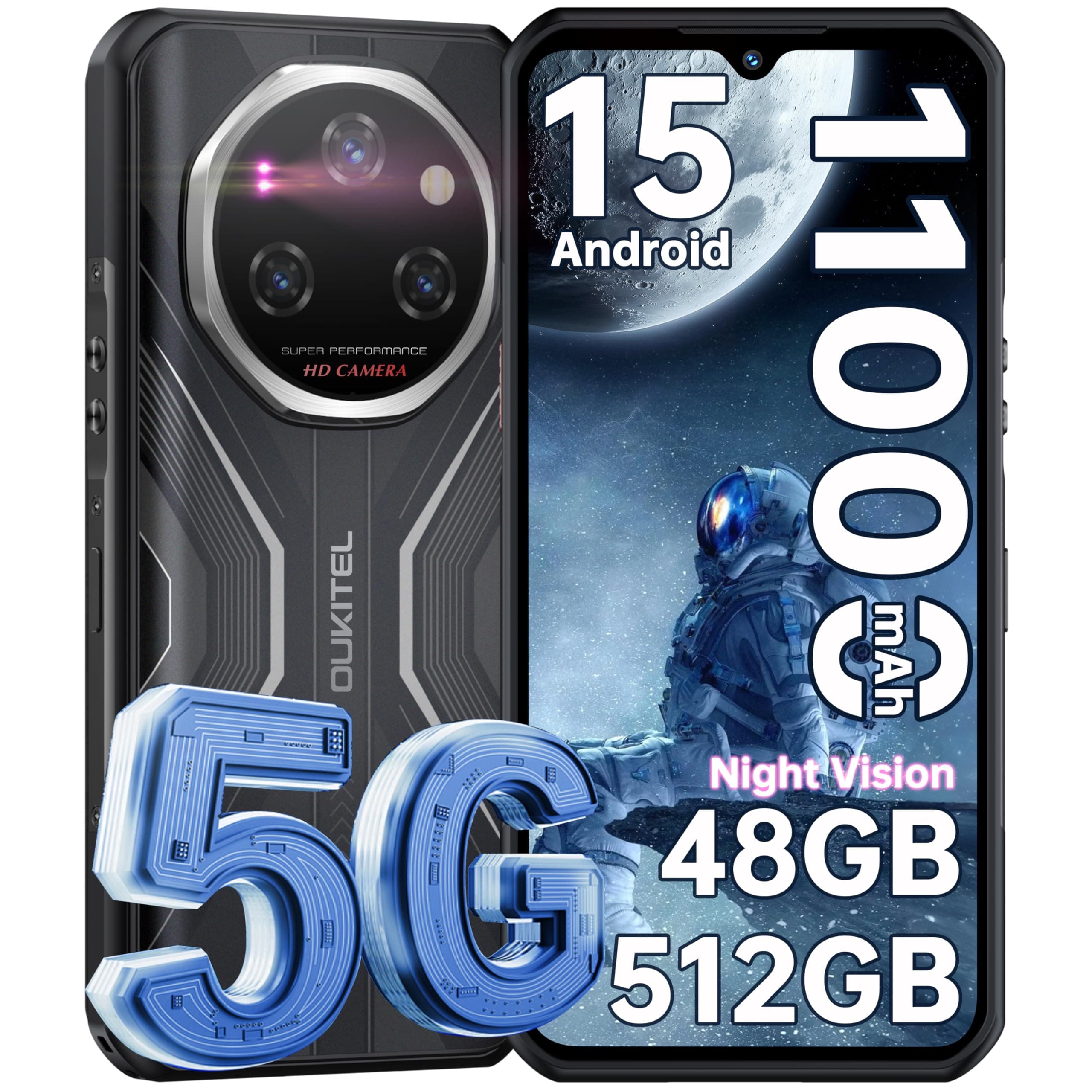 OUKITEL WP55 Pro 5G Rugged Smartphone Unlocked Android 15-48GB+512GB/2TB Rugged Cellphones, 6.6''FHD+Display 108MP Rear Camera 11000mAh(33w) Battery Waterproof Mobile Phone, IP68/IP69K/NFC