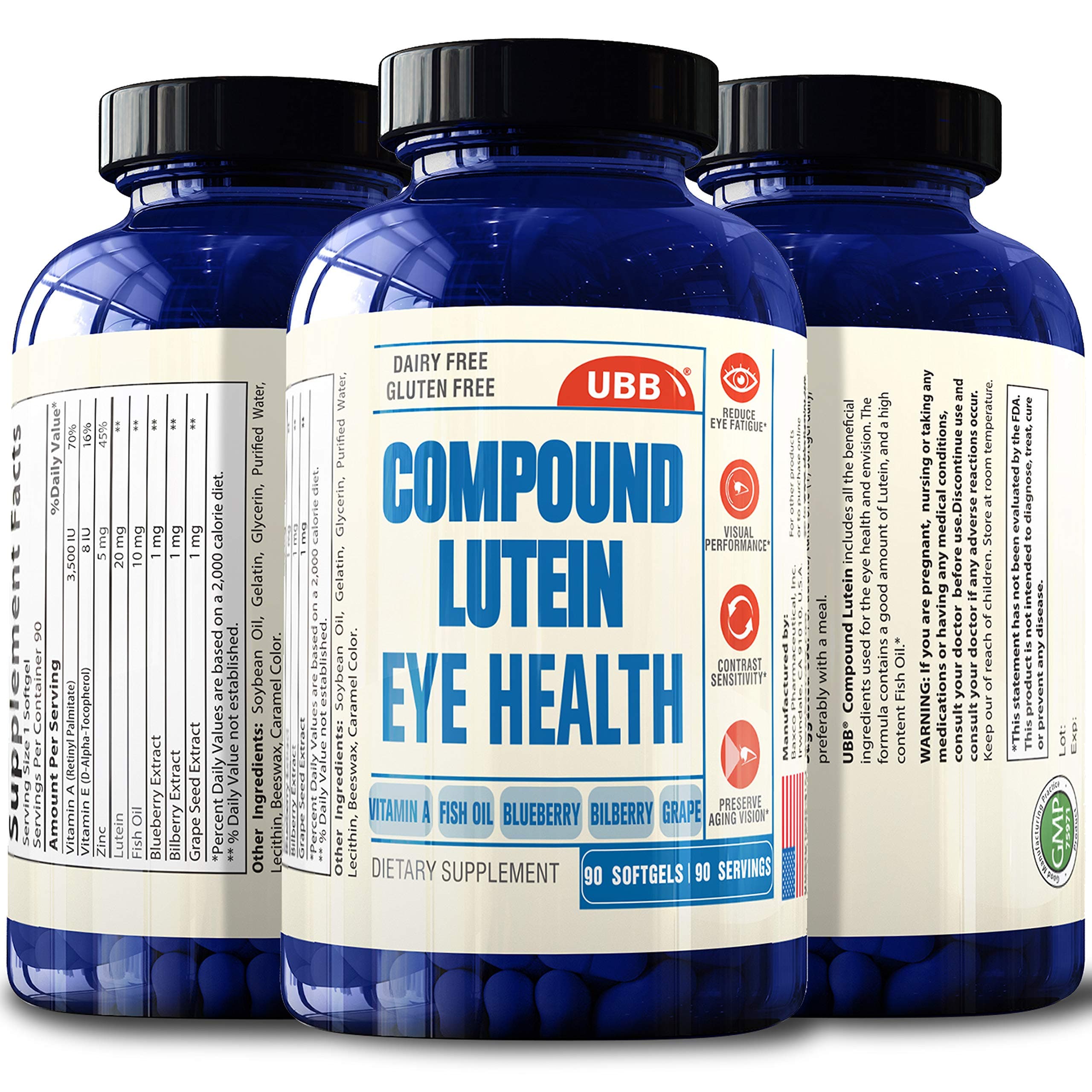 Compound Lutein Supplement with Fish Oil Plus Vitamins A E Zinc, Vision Support Supplement for Dry Eyes, Vision Health Care & Macular Health - Proudly Made in The USA (90 Count)