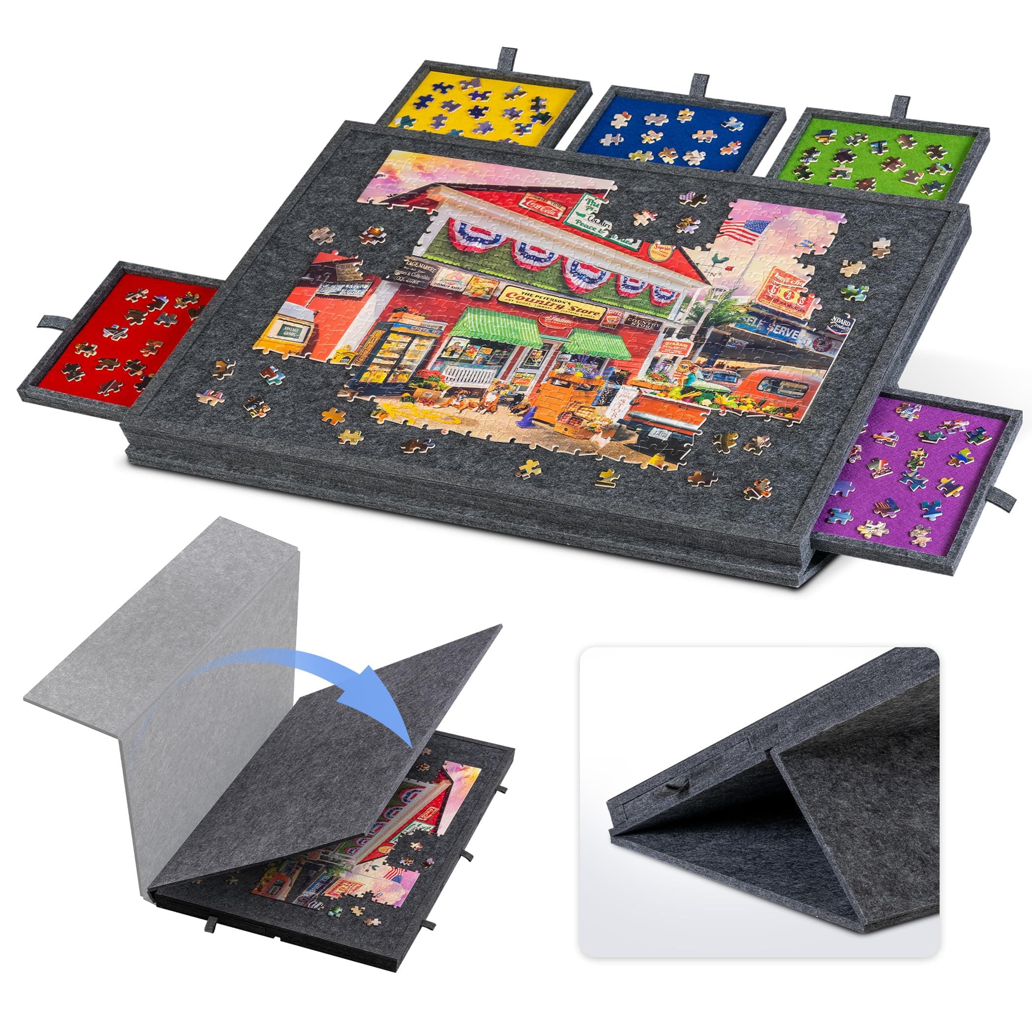 Lavievert Tilting Puzzle Board with 2-in-1 Designed Stand & Cover, Lightweight Felt Storage Case with 6 Drawers for Adults, Portable Jigsaw Puzzle Table for Games Up to 1000 Pieces