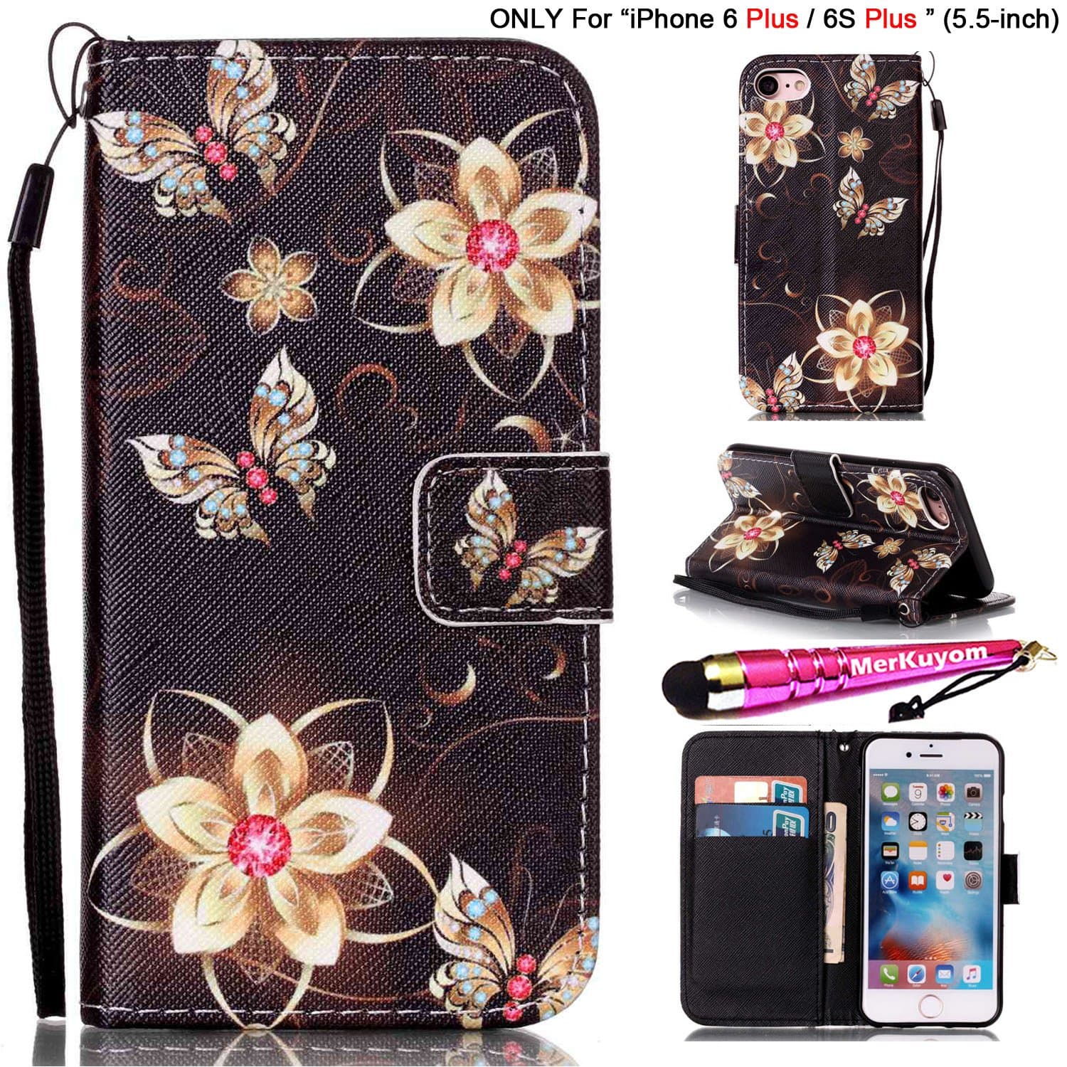 iPhone 6S Plus - Case, iPhone 6 Plus - Case [Wrist Strap], MerKuyom® [Kickstand] PU Leather Wallet Pouch Flip Cover Case for iPhone 6S Plus/iPhone 6 Plus + Stylus (Black Yellow Butterfly Flower)