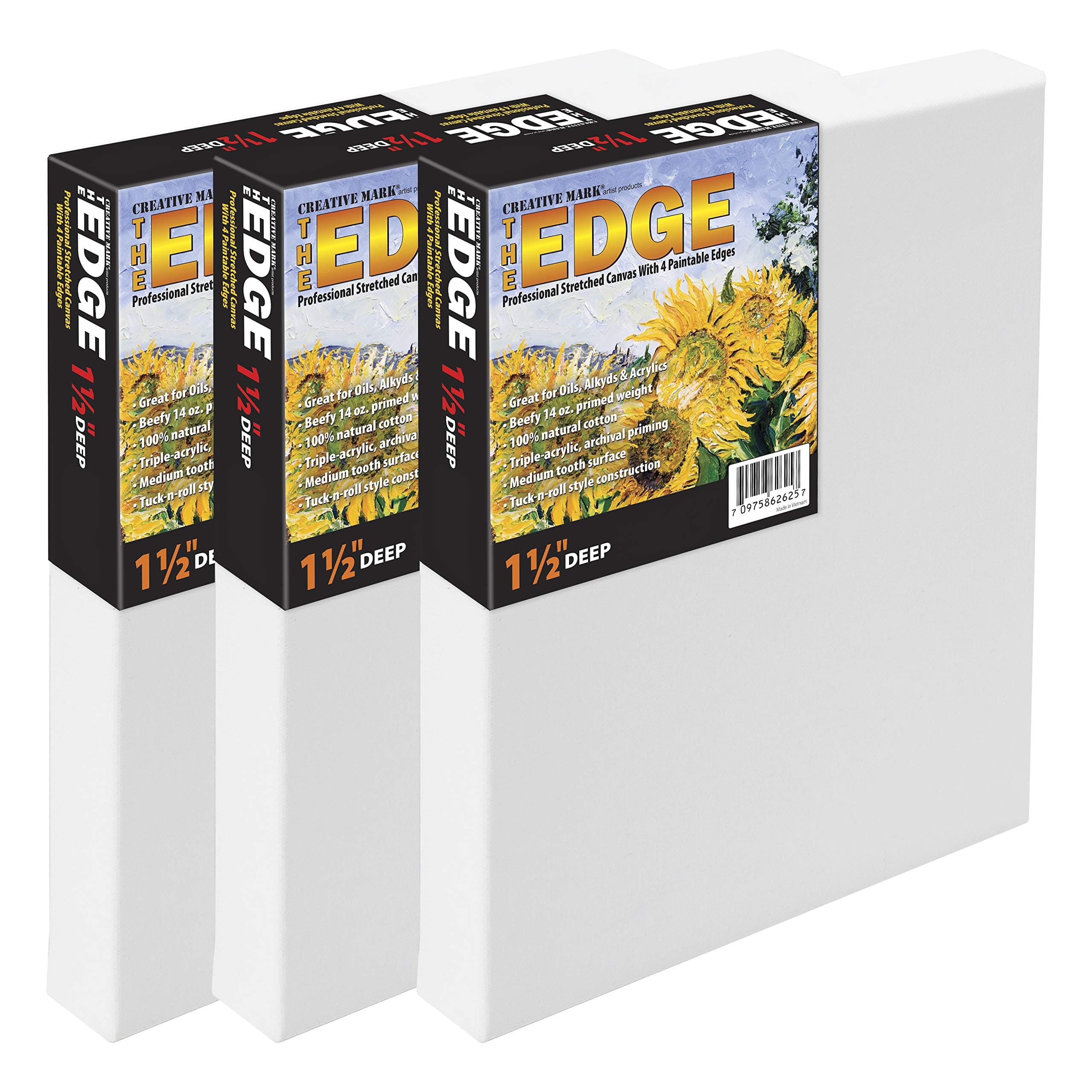 Creative Mark The Edge Deluxe Cotton 1-1/2" Deep Stretched Canvas for Painting, 9x12 Pack of 3, 14oz. Primed Weight, Universal Archival Priming, Medium Tooth, Frameless Artwork Canvas for Painters