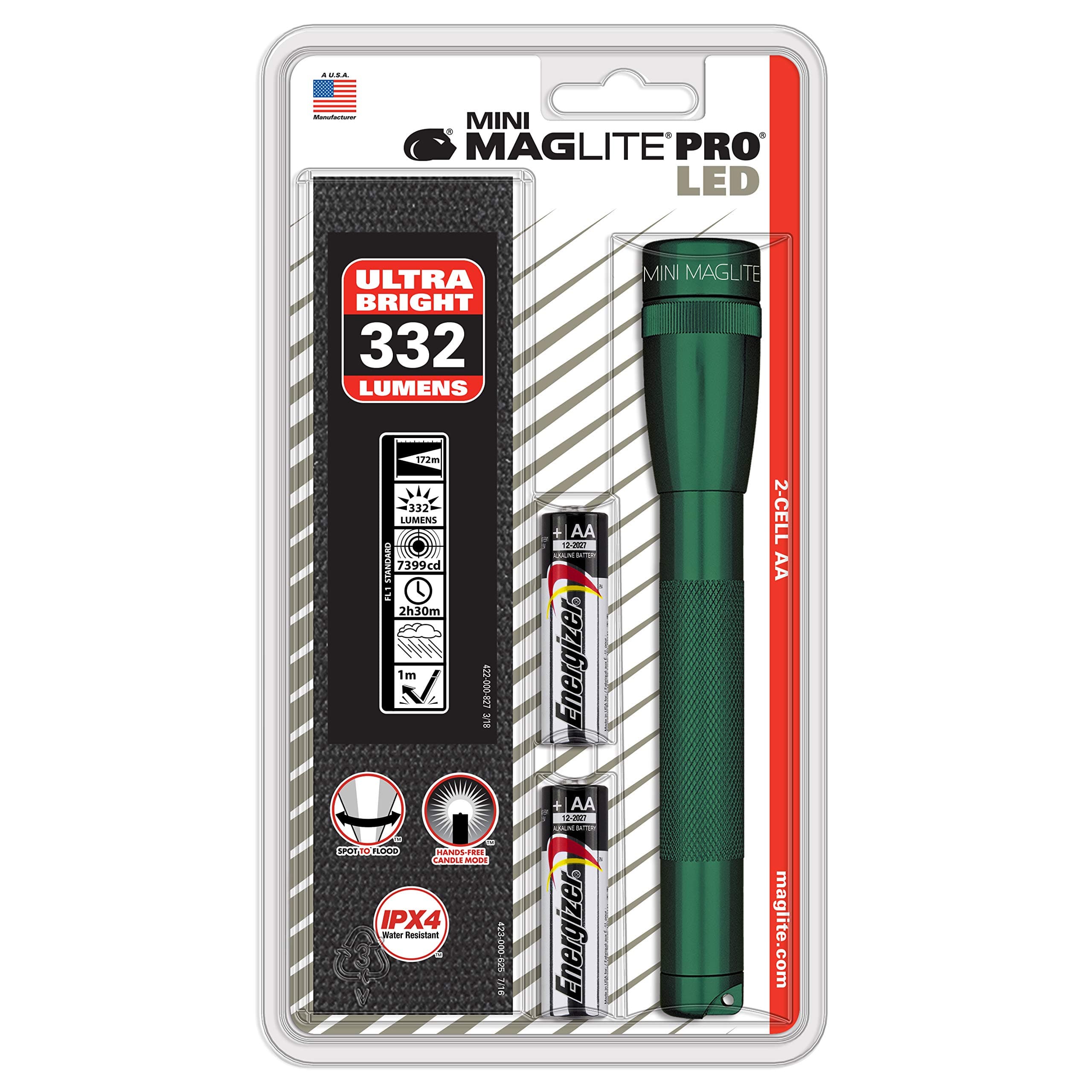MagLite332 lumens Green LED Mini Flashlight AA Battery
