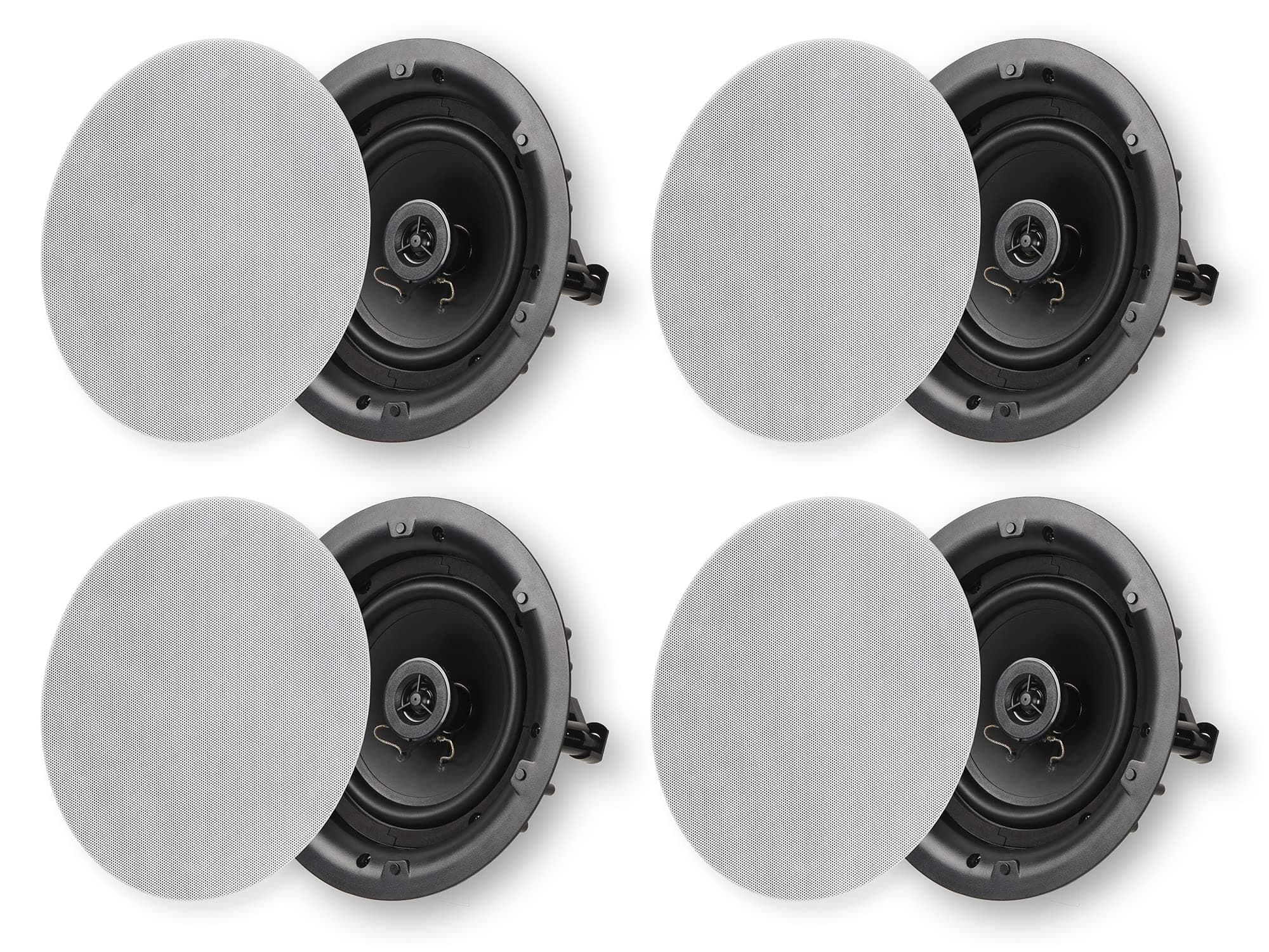 6.5" 2-Way in Ceiling or Wall Round Speakers, 4 Pack, 6.5 Inch Woofer, 8" Cutout Diameter, Low Profile Rimless Design, for Indoor Rooms or Covered Outdoor Porches, White, Paintable