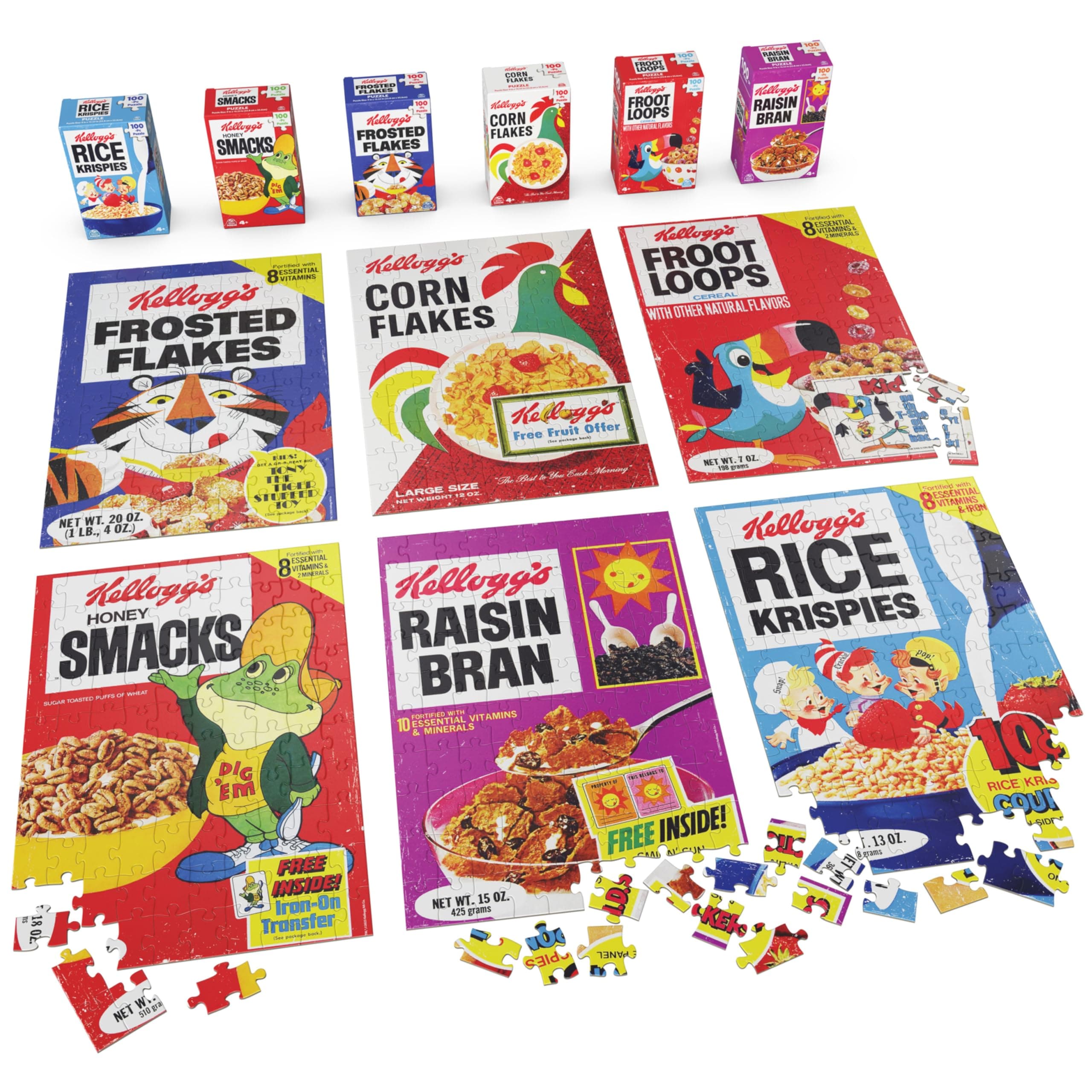 Kellogg's Cereal 100-Piece Puzzles 6-Pack, Square Cereal Boxes Puzzle Gift Set, Froot Loops, Rice Krispies, Raisin Bran, Corn Flakes, Frosted Flakes, Honey Smacks for Ages 4 & Up