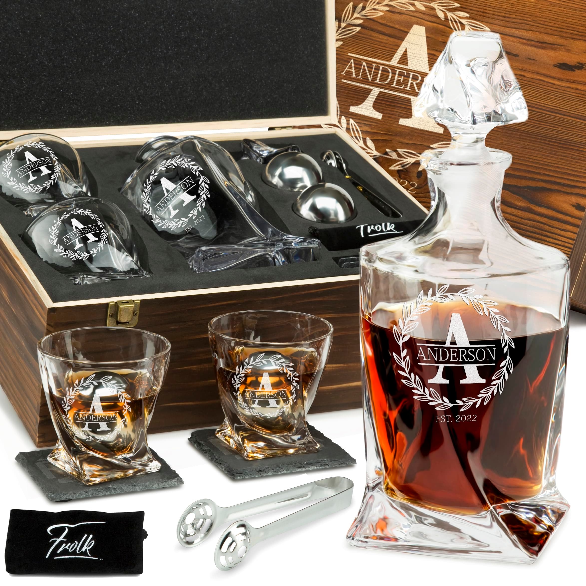 Personalized Whiskey Decanter and Stones Set - Customized Gift for Him - Men, Dad, Father - Engraved Twisted Decanter,2 Twisted Glasses, 2 XL Chilling Balls, Coasters, Tongs in Wooden Gift Box
