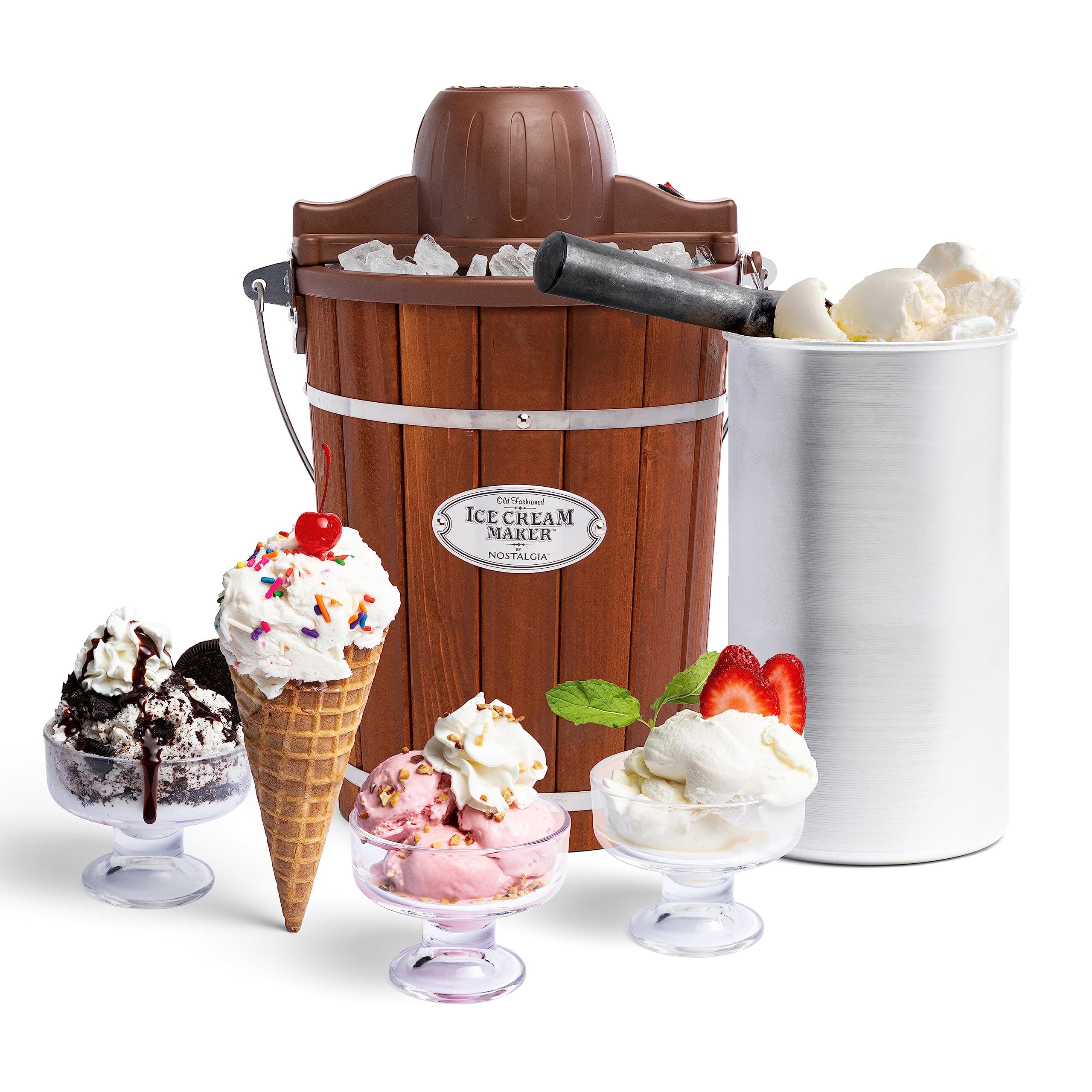 Nostalgia Electric Ice Cream Maker With 6 Qt Capacity - Old Fashioned Ice Cream Machine Makes Frozen Yogurt or Gelato in Minutes- Vintage Wooden Style Ice Cream Maker with Aluminum Canister- Dark Wood
