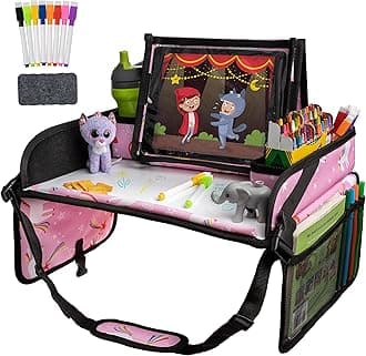 Lusso Gear Kids Travel Tray with Dry Erase Board, Road Trip Essentials Kids, No-Drop Tablet Holder, Lap Desk, Cup Holder, Toddler Toy Storage, Fits Airplane and Booster Seat (Unicorn)