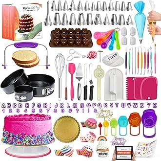 RFAQK Cake Decorating Supplies, 700PCs Cake Decorating Kit 3 Springform Cake Pans, Cake Turntable, Numbered Piping Icing Tips, Chocolate Mold,Leveler, Baking Supplies Cupcake Liner & more Baking Stuff