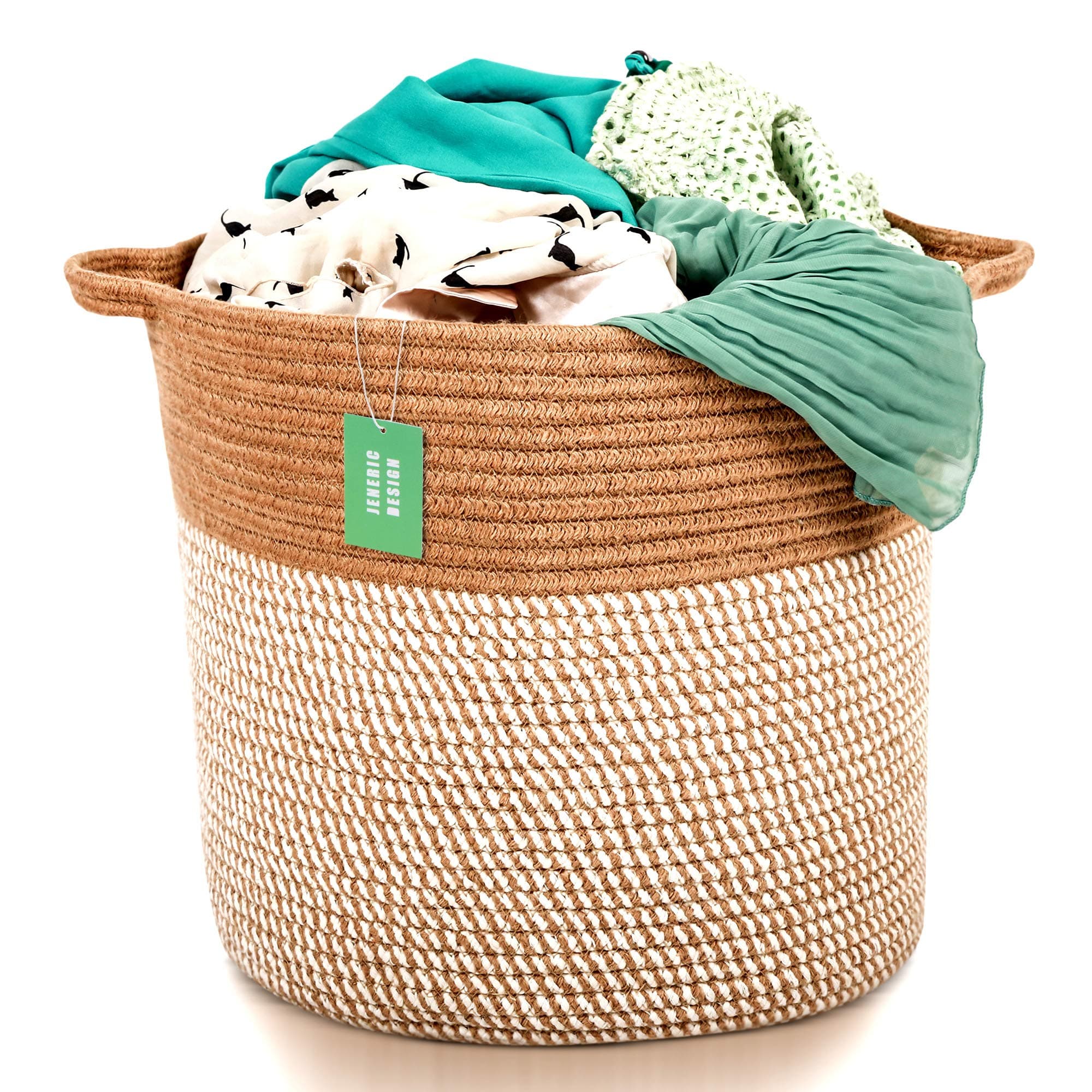Extra Large Woven Jute Storage Baskets | 17" x 15" Decorative Blanket Basket, Use for Sofa Throws, Pillows, Towels, Toys | Cotton Rope Organizer | Coiled Round Brown Laundry Hamper with Handle
