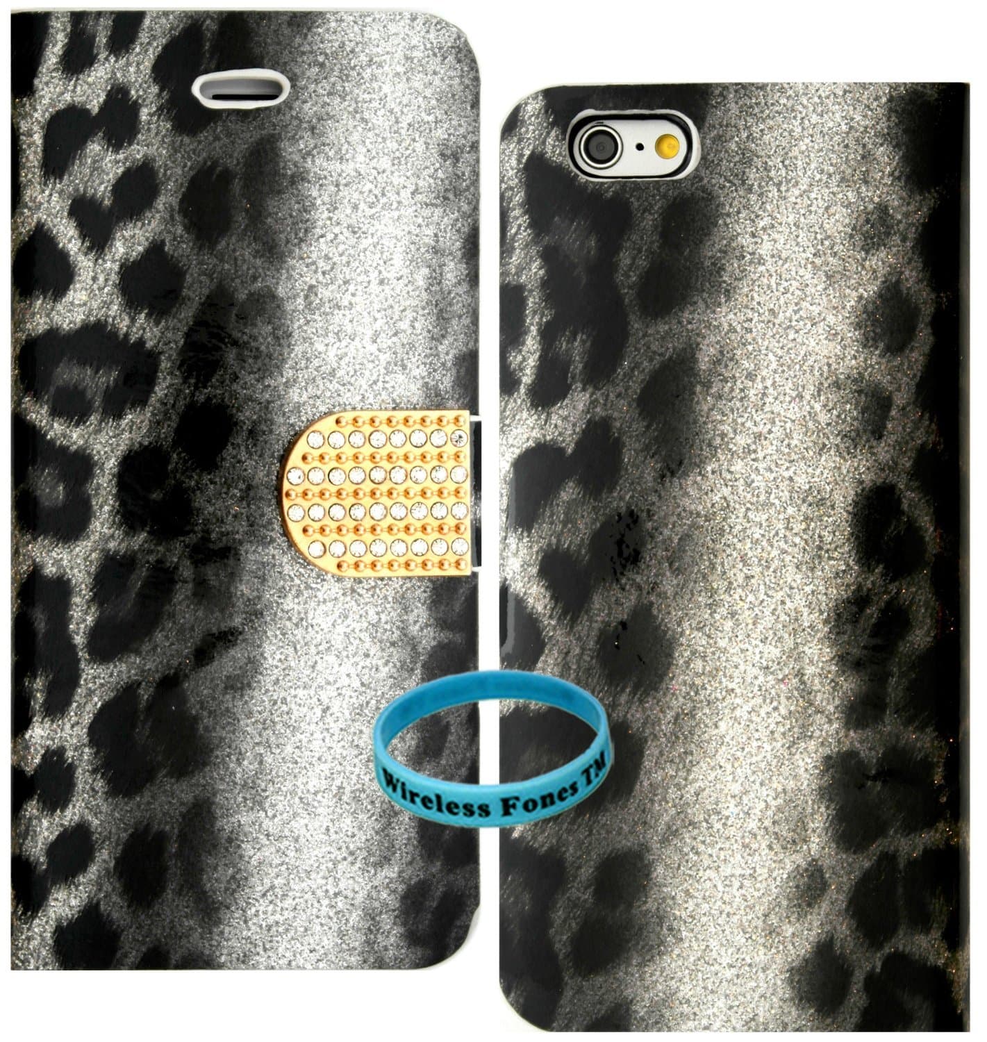 iPhone 6s Case, iphone 6s Wallet, Wireless Fones TM Unique wallet Gray leopard Glitter Bling Design Print Case Cover with PU Leather and Card Slots/Wristlet for iPhone 6s