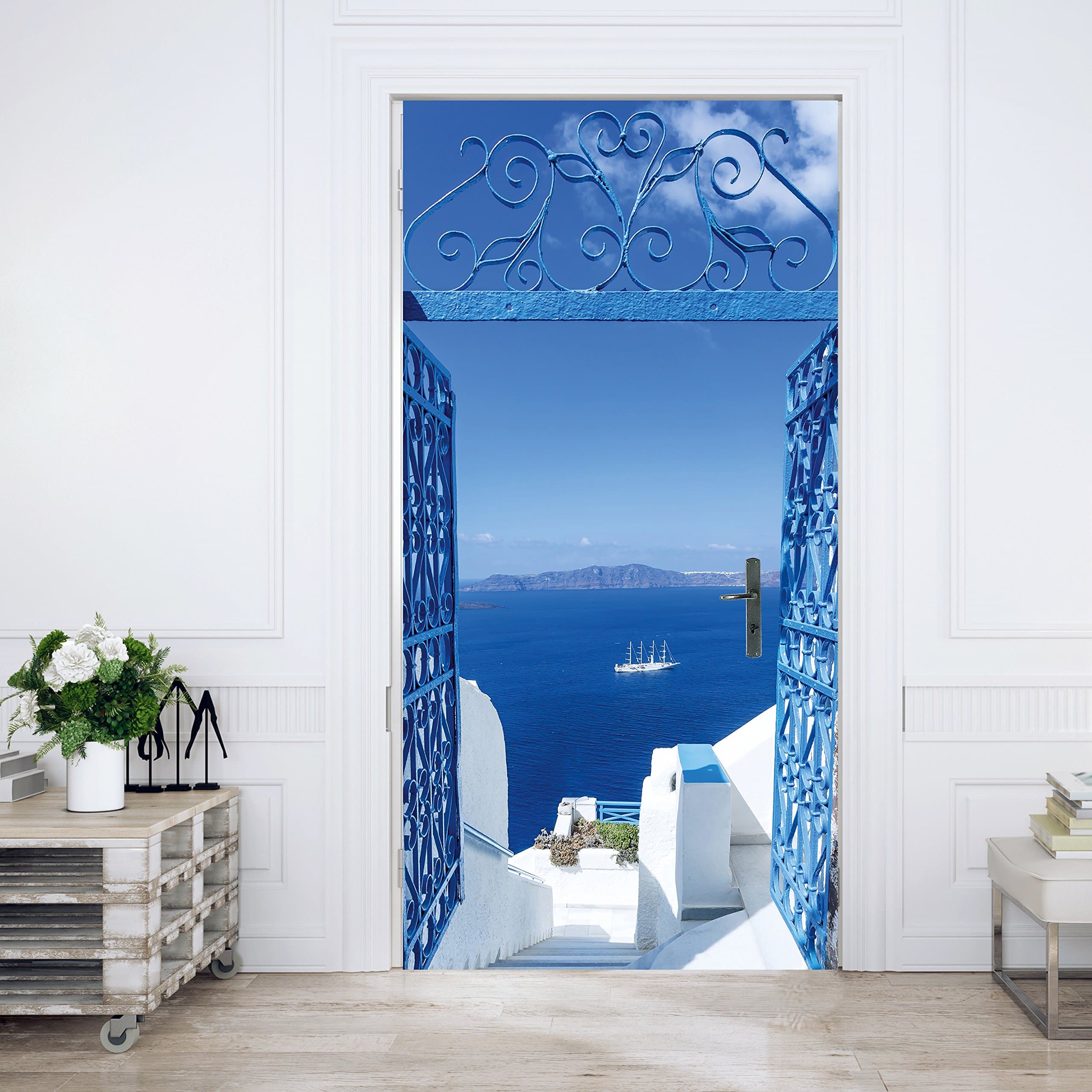 murimage Door Mural Santorini 86 x 200 cm Including Paste Photo Wallpaper 3D Mediterranean Sea Gate Ship Turquoise Greece Travel Nature bedroom Wallmural
