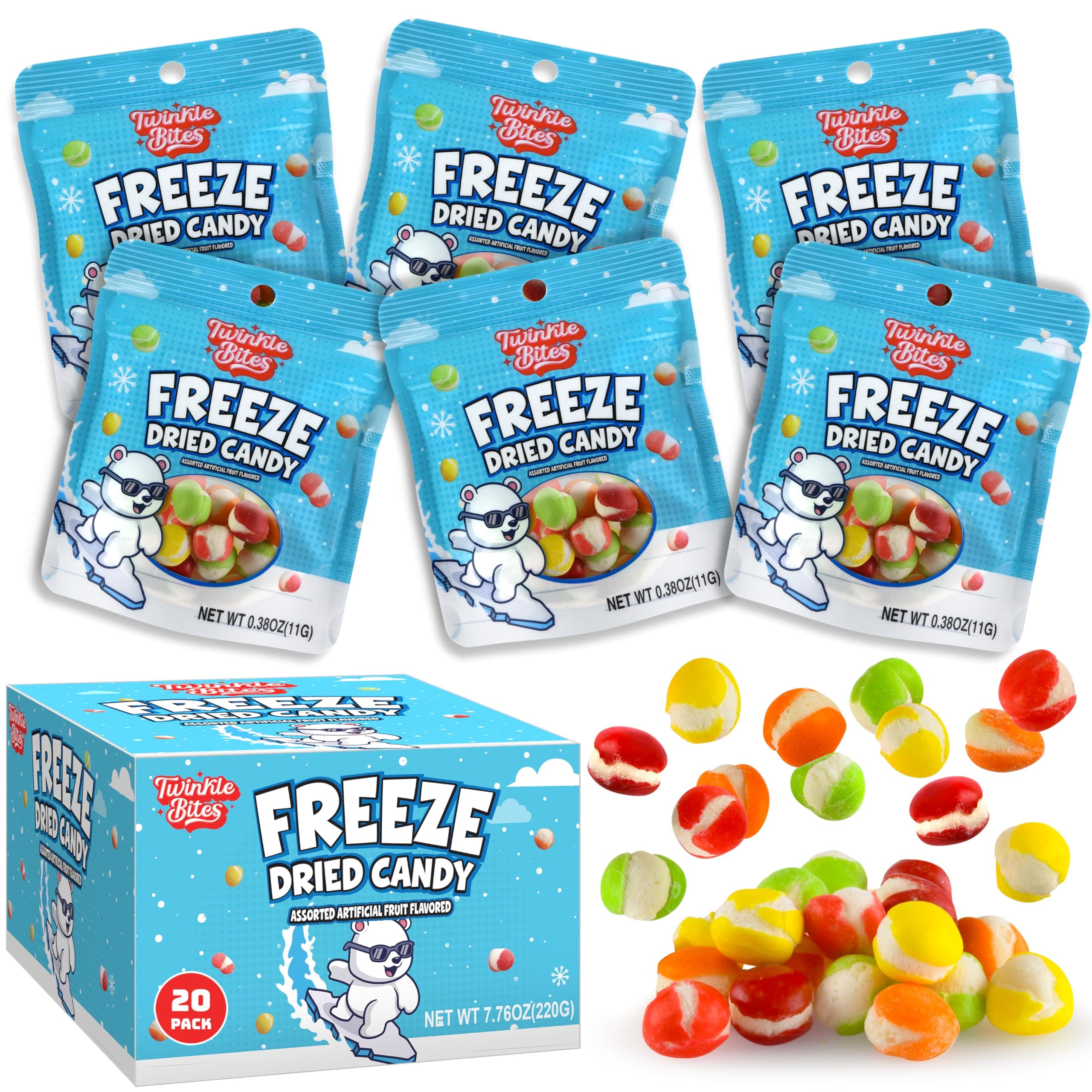 20 Pack Freeze Dried Candy- 10 Pcs Per Bag - Bulk Candy - Resealable Bag For, Kids, Adults, School, Party, Birthday, 5 Delicious Flavors