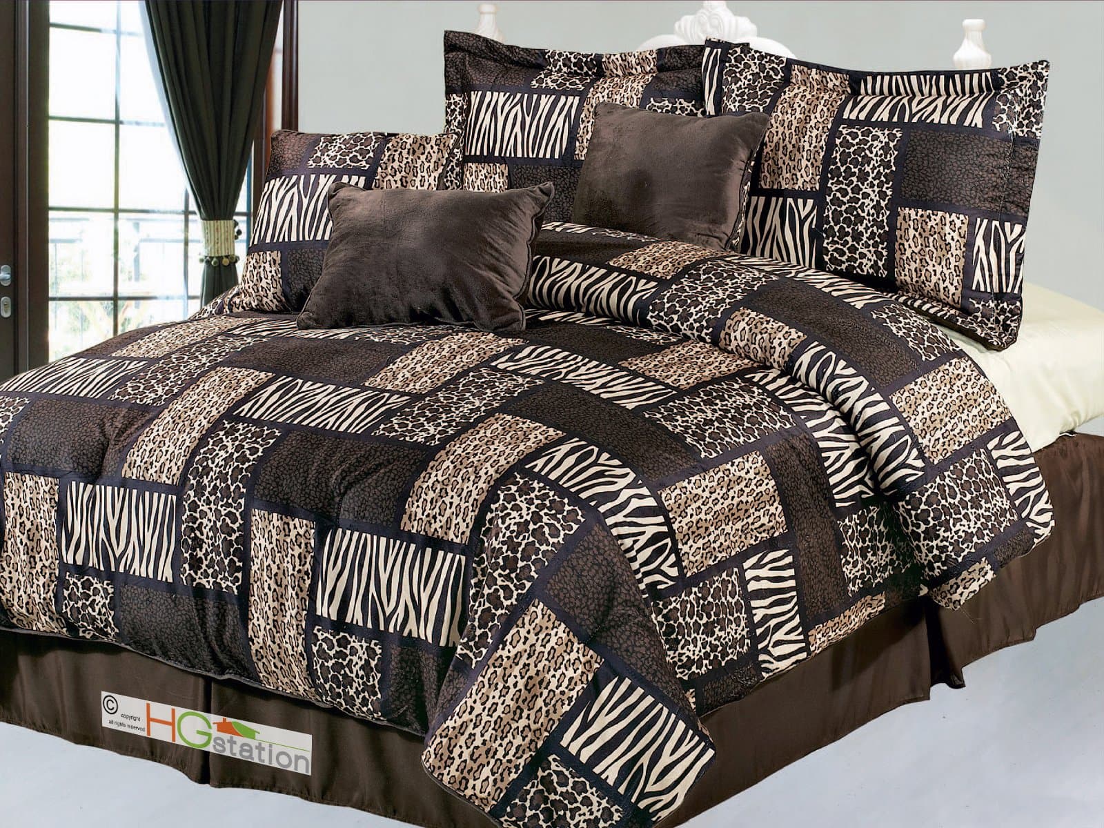 7-Pc Big Cat Feline Modern Rectangle Patchwork Leopard Cheetah Jaguar Tiger Faux Fur Comforter Set Brown Queen