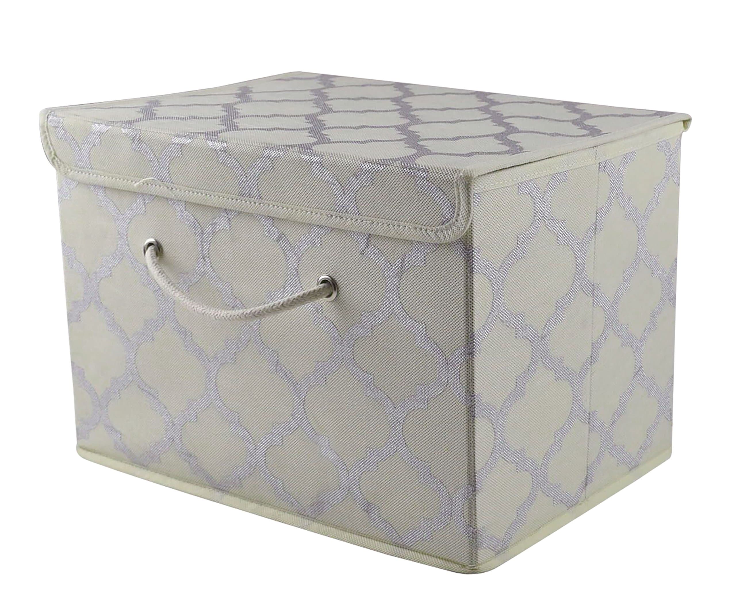Cream/Metallic Fabric Storage Boxes with lids, Stackable and Foldable. For wardrobes, shelves, clothes, bedroom, office, cupboard, keepsake box, crafts, toys, shoes, socks. Rope Handle 37x25x25cm