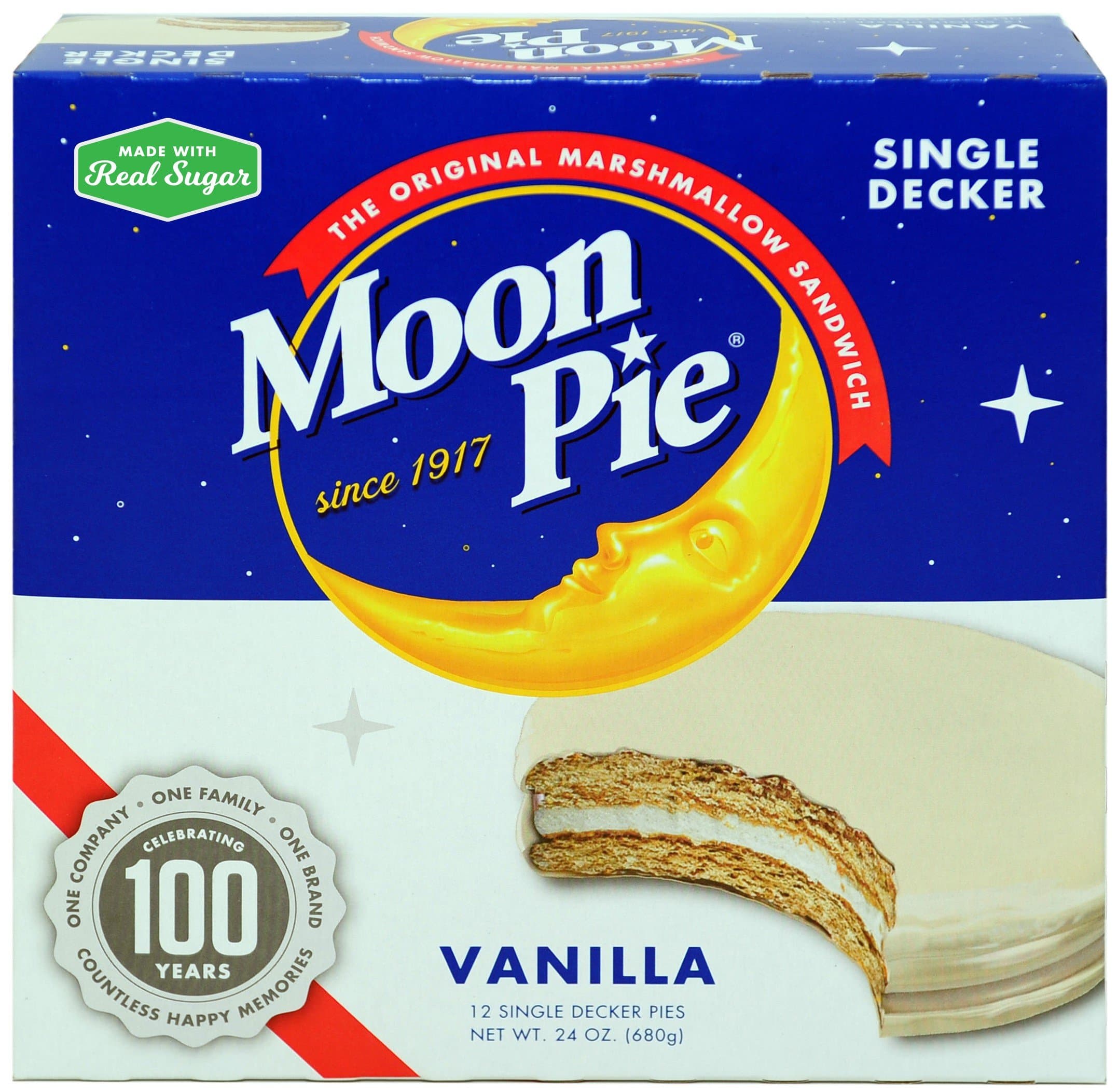MoonPie Single Decker Vanilla Marshmallow Sandwich - 24 Ounce (Pack of 8) | Vanilla Covered Graham Cracker & Marshmallow Pie