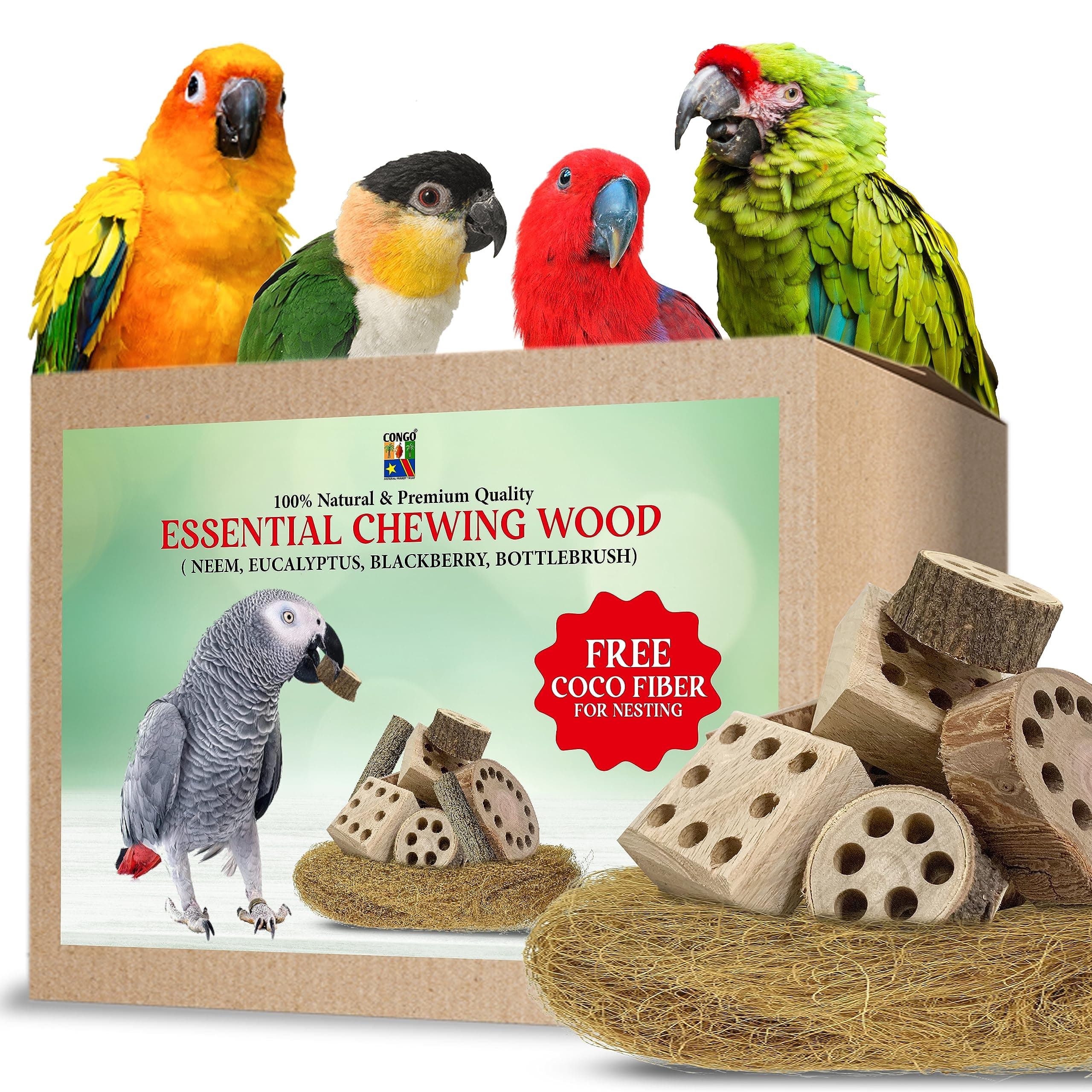 Congo Premium 8 pc. Essential Chewing Wood Toy for Conure, Senegal, Amazon, African Grey, Macaw, Cockatoo And Other Birds (Piece of 8)