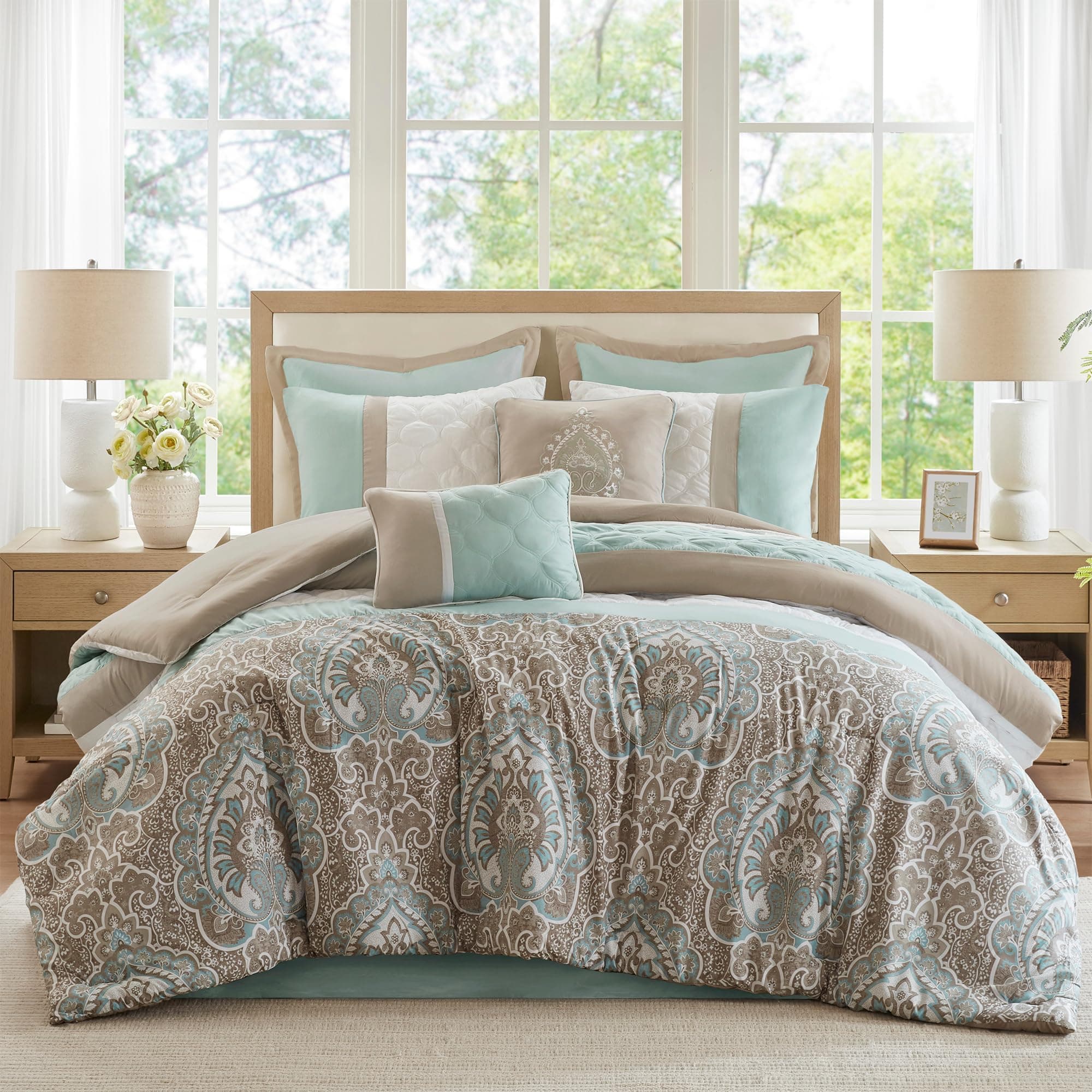 Luxe Quilted Comforter Set Modern Transitional Design, All Season Down Alternative Warm Bedding Matching Shams, Bedskirt, Decorative Pillow, Cal King, Shawnee Scrollwork Seafoam