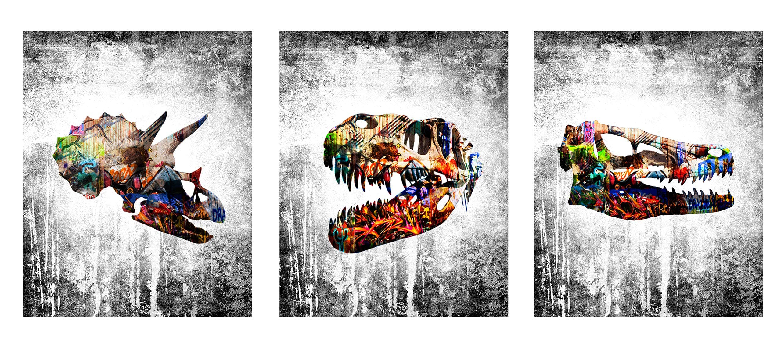 Dinosaur Modern Graffiti Home Wall Decor Art Prints - 3 Piece 8 x 10 Set - Cute Wall Hangings for House, Bedroom, Nursery, Boys/Kids Room. Decorations/House Decore ft Raptor, T-rex, Triceratops, Dino