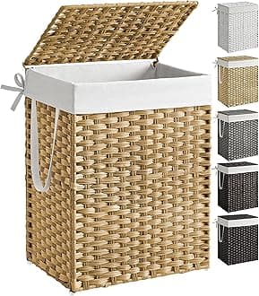 SONGMICS Handwoven Laundry Hamper, 23.8 Gal (90L) Synthetic Rattan Clothes Laundry Basket with Lid and Handles, Foldable, Removable Liner Bag, Natural ULCB51NL