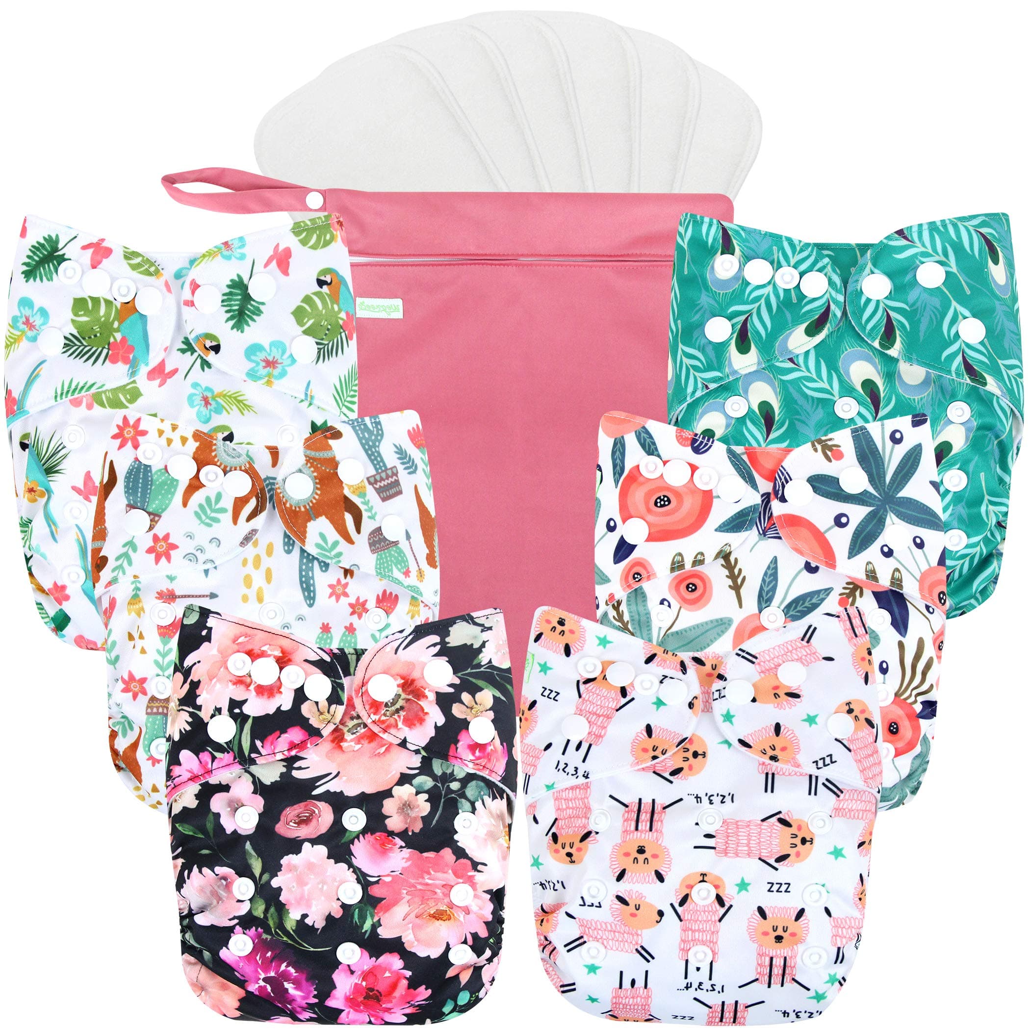 Cloth Diapers 6 Pack with 6 Inserts & 1 Wet Bag, Washable Cloth Diapers for Babies, One Size Adjustable Reusable (Flower)