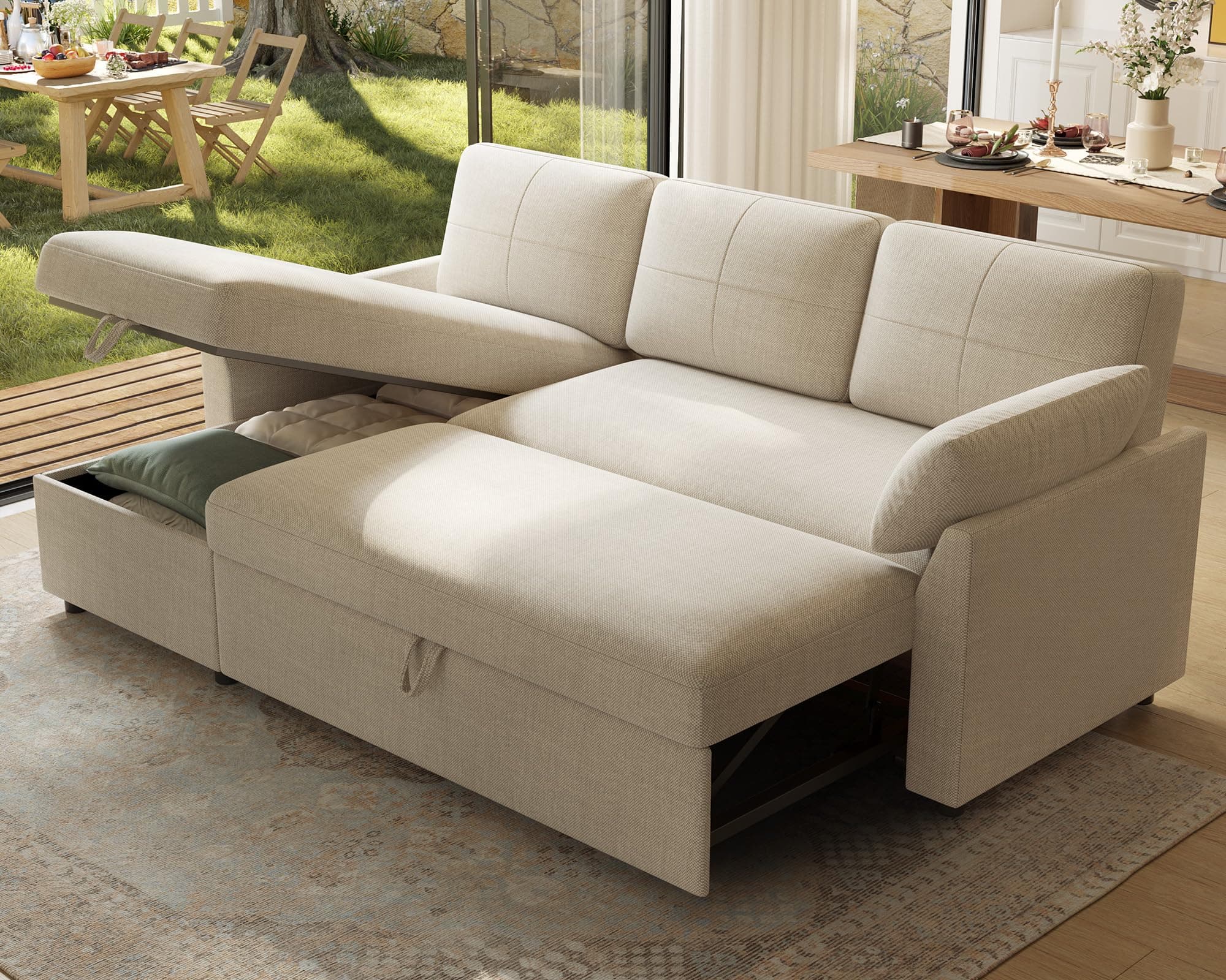 Sofa Bed, Sleeper Sofa with Storage Chaise, L Shaped Sofa with Pull Out Bed, Oversized Sofas for Living Room, Beige